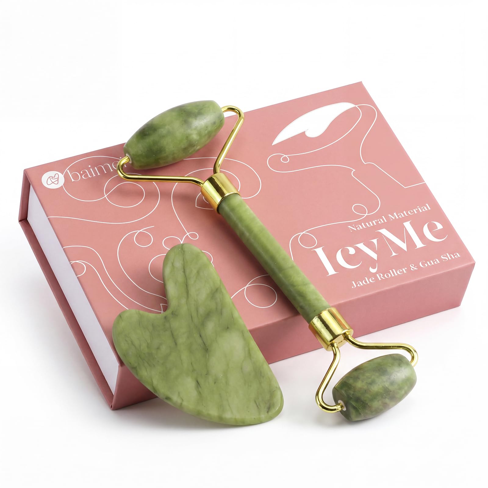 BAIMEI IcyMe Rose Quartz Roller & Gua Sha Set, Cooling Face Roller for Depuffing & Lymphatic Massage, Sculpting Tool for Face, Eyes & Neck, Smooth Skincare Gift for Women and Men