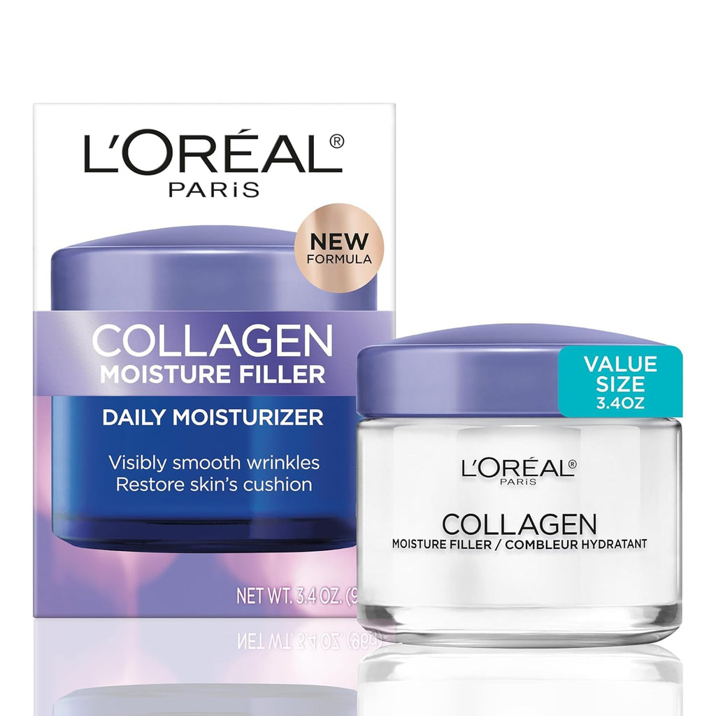 L'Oreal Paris Collagen Moisture Filler Face Cream, Anti-Aging Face Moisturizer, Non-Greasy Fragrance Free Skin Care Formula For Up to 48HR Hydration, 3.4 Oz