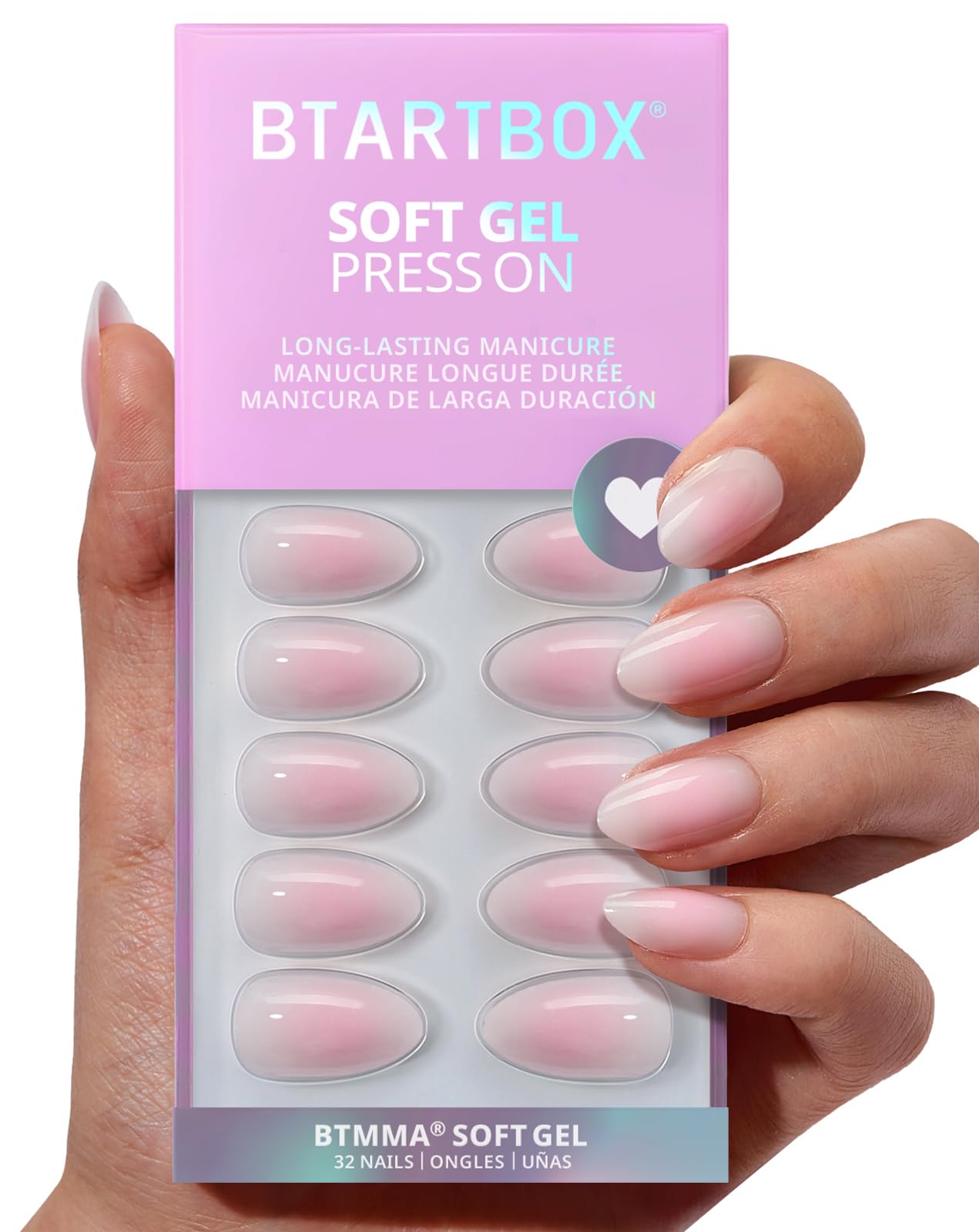 BTArtbox Square Ombre Press On Nails -Soft Gel Press On Nails Short with Nail Glue, 16 Sizes - 32 Reusable Fake Nails Kit, Vanilla Cream