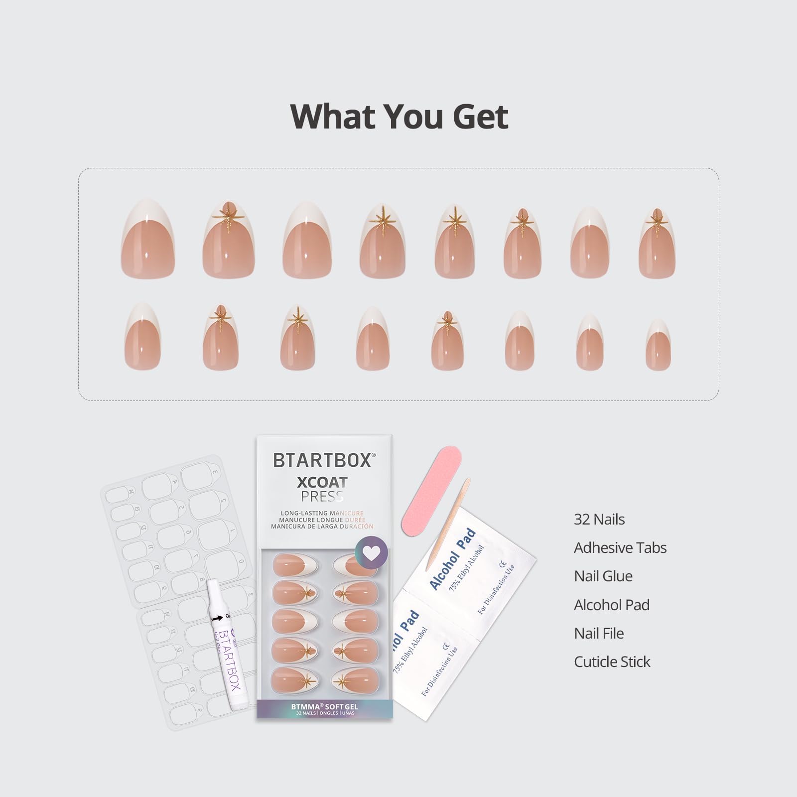 BTArtbox Square Ombre Press On Nails -Soft Gel Press On Nails Short with Nail Glue, 16 Sizes - 32 Reusable Fake Nails Kit, Vanilla Cream