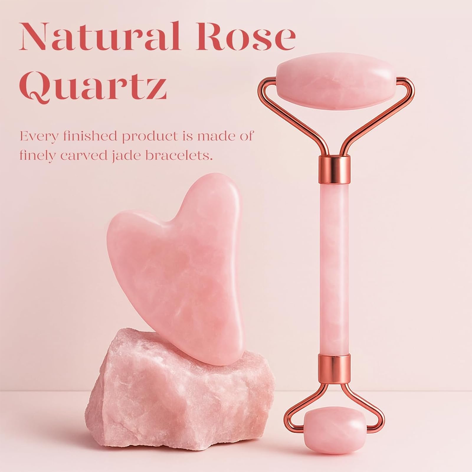 BAIMEI IcyMe Rose Quartz Roller & Gua Sha Set, Cooling Face Roller for Depuffing & Lymphatic Massage, Sculpting Tool for Face, Eyes & Neck, Smooth Skincare Gift for Women and Men