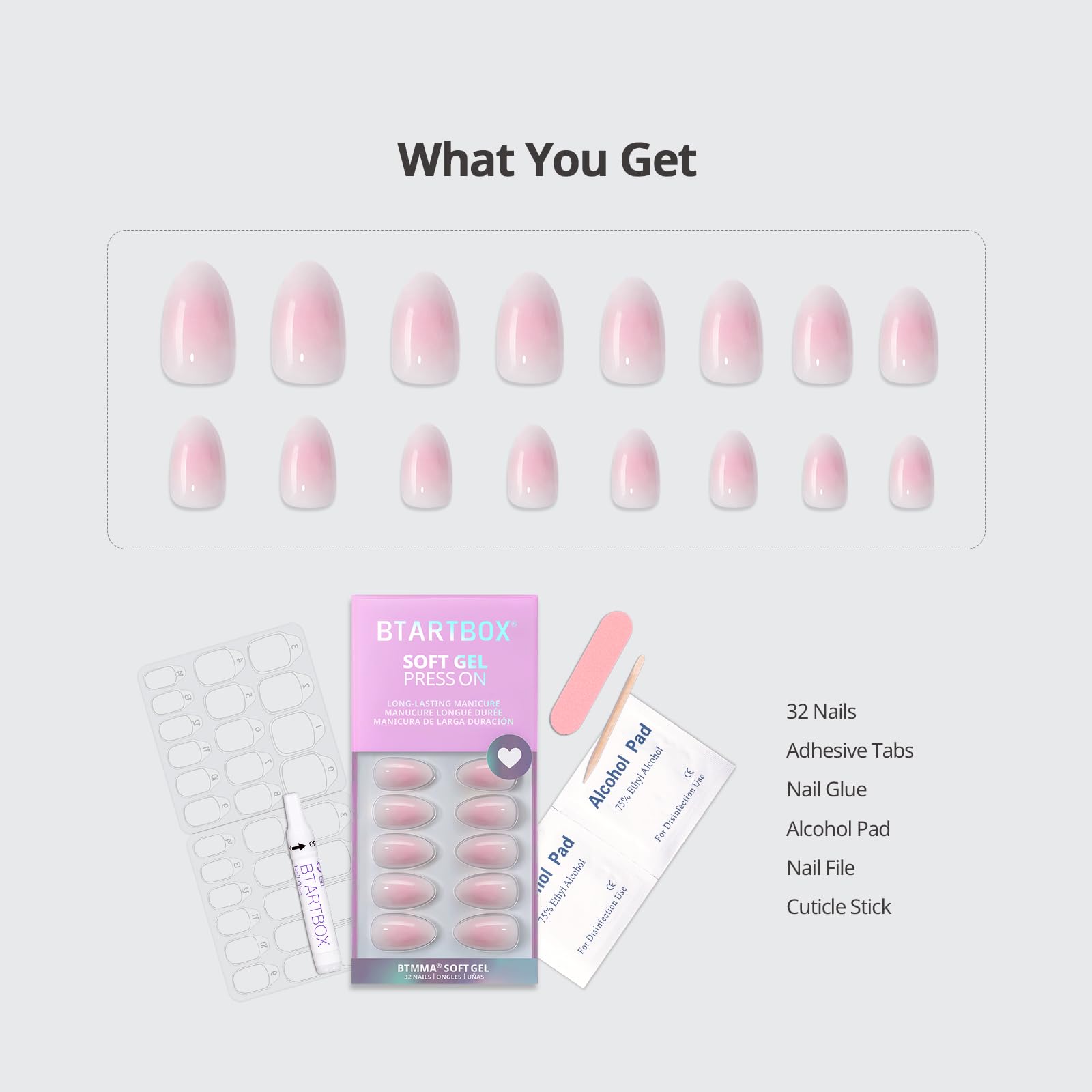 BTArtbox Square Ombre Press On Nails -Soft Gel Press On Nails Short with Nail Glue, 16 Sizes - 32 Reusable Fake Nails Kit, Vanilla Cream