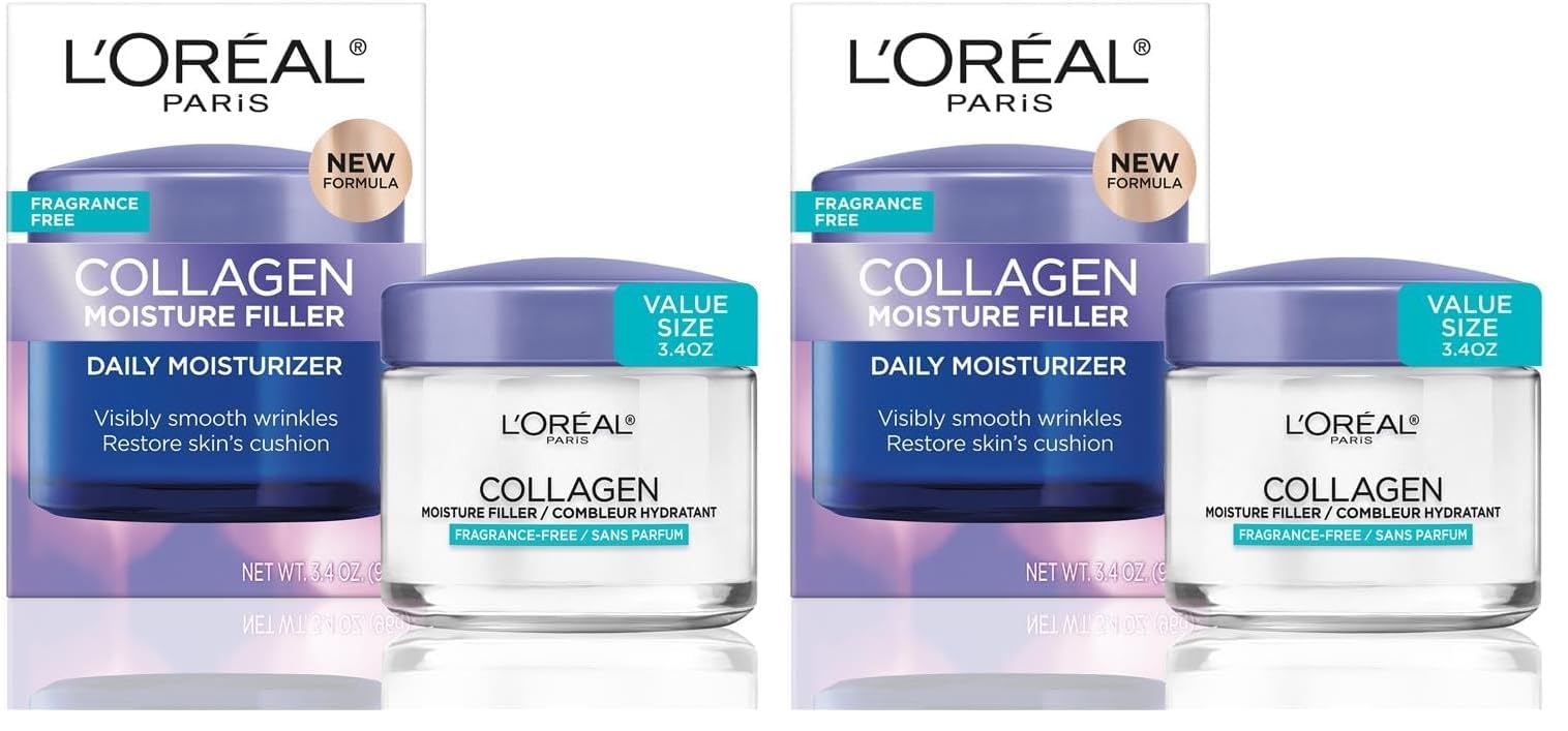 L'Oreal Paris Collagen Moisture Filler Face Cream, Anti-Aging Face Moisturizer, Non-Greasy Fragrance Free Skin Care Formula For Up to 48HR Hydration, 3.4 Oz