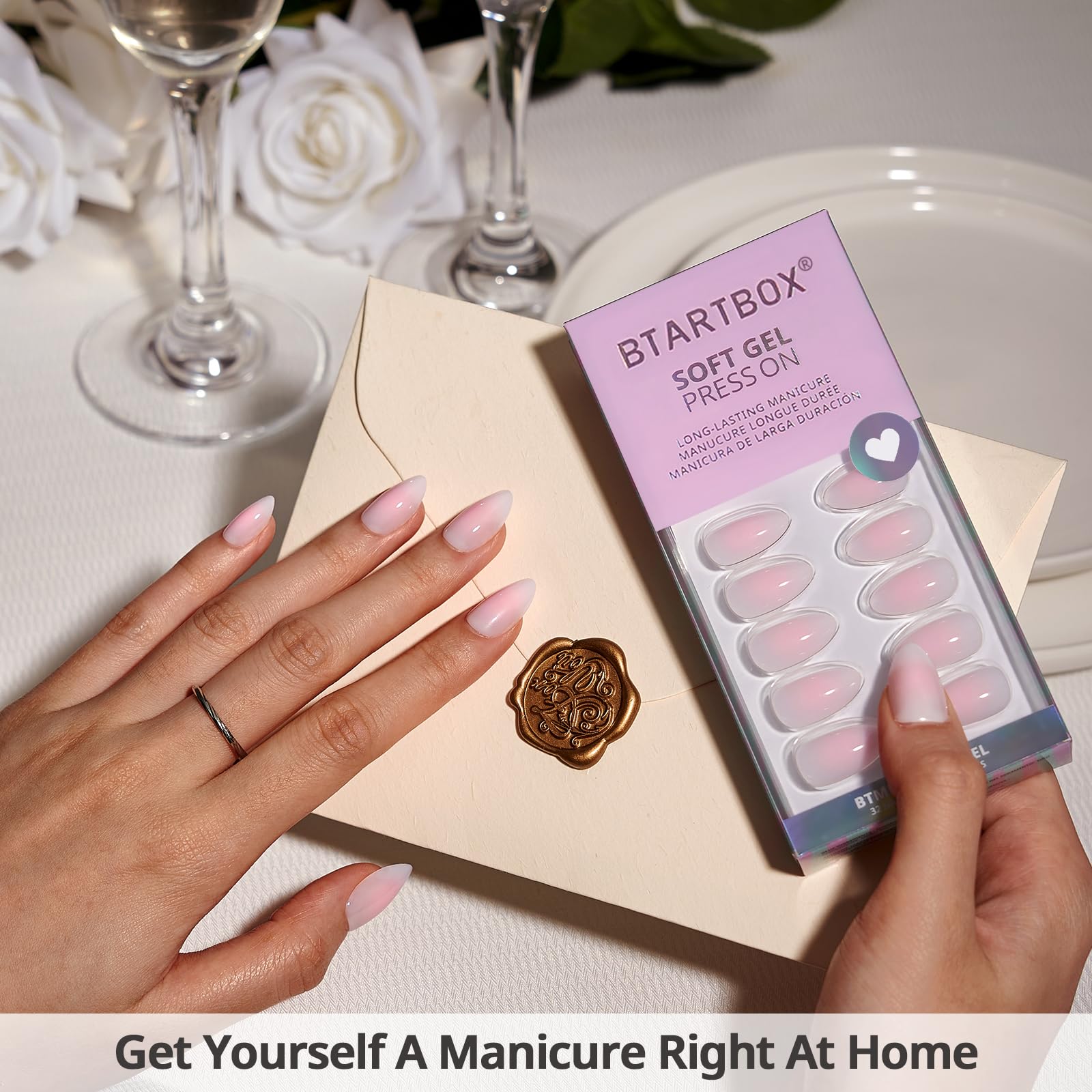 BTArtbox Square Ombre Press On Nails -Soft Gel Press On Nails Short with Nail Glue, 16 Sizes - 32 Reusable Fake Nails Kit, Vanilla Cream
