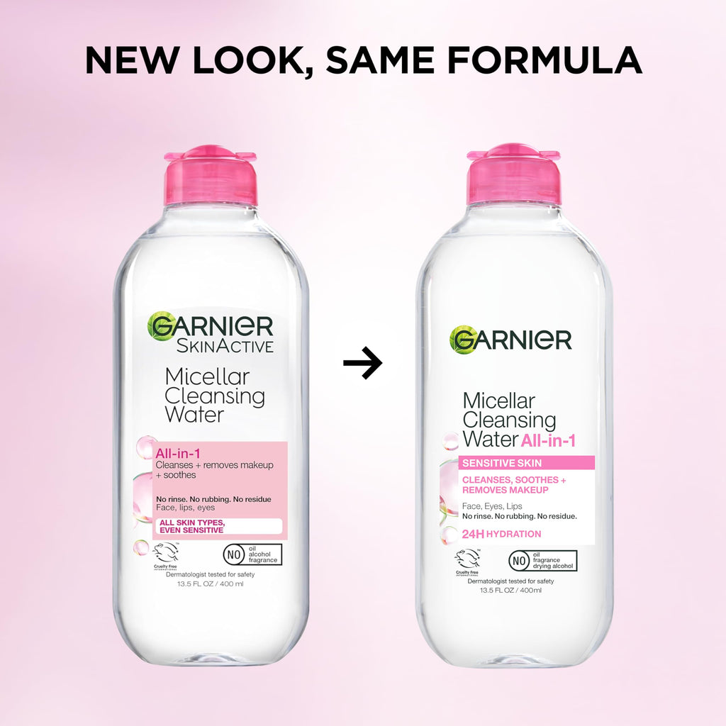 Garnier Micellar Cleansing Water, All-in-1 Makeup Remover and Facial Cleanser, For All Skin Types, 3.4 Fl Oz (100mL), 1 Count (Packaging May Vary)