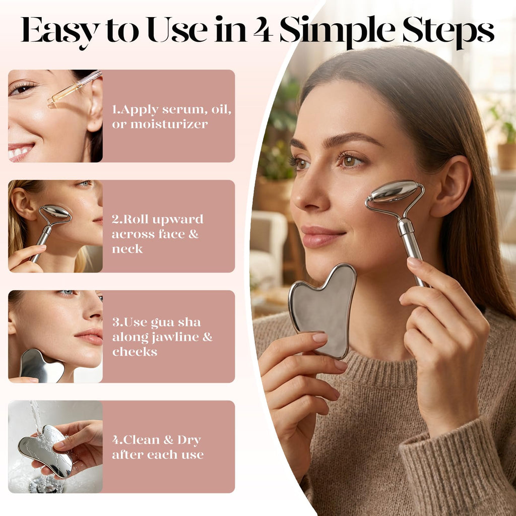 BAIMEI IcyMe Rose Quartz Roller & Gua Sha Set, Cooling Face Roller for Depuffing & Lymphatic Massage, Sculpting Tool for Face, Eyes & Neck, Smooth Skincare Gift for Women and Men