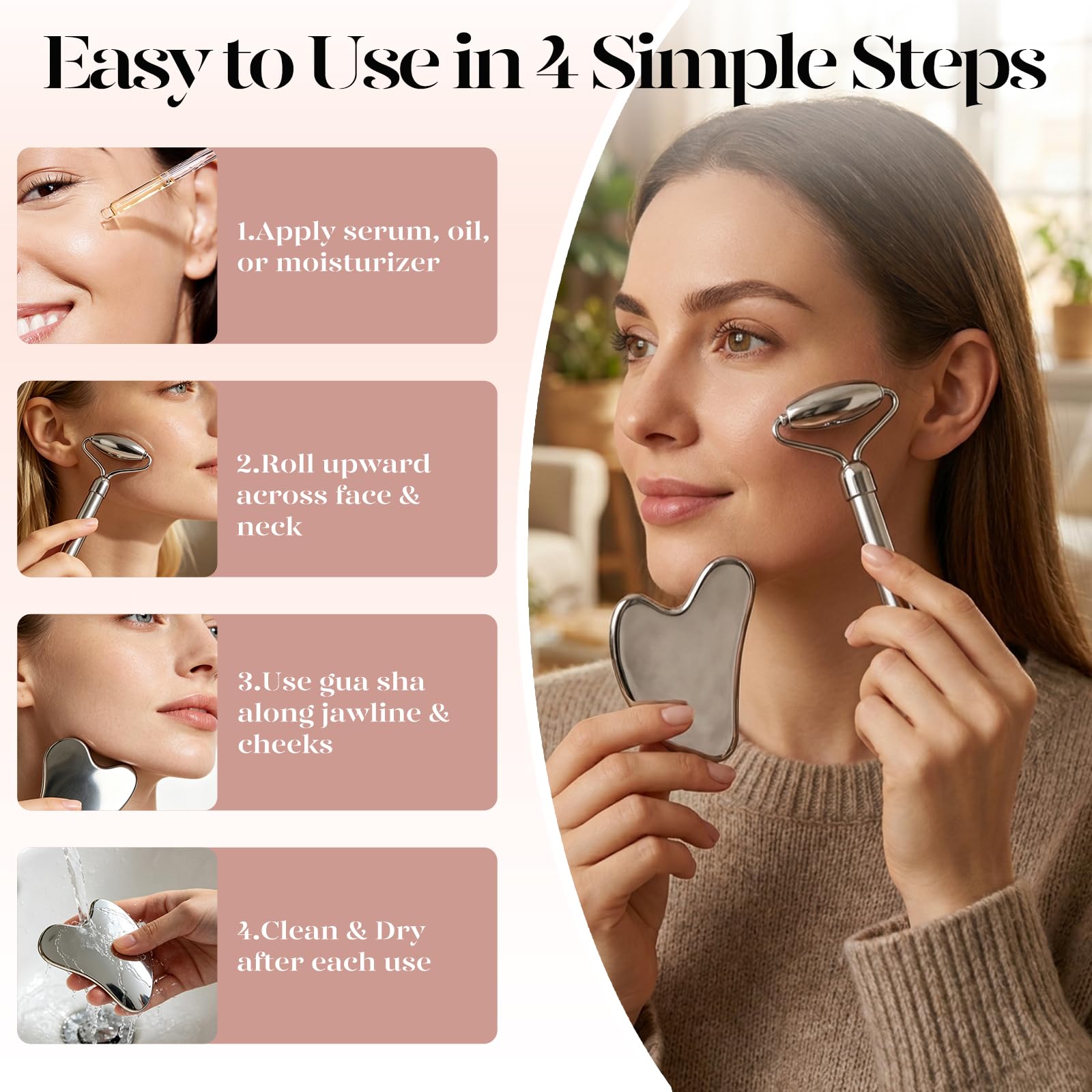 BAIMEI IcyMe Rose Quartz Roller & Gua Sha Set, Cooling Face Roller for Depuffing & Lymphatic Massage, Sculpting Tool for Face, Eyes & Neck, Smooth Skincare Gift for Women and Men