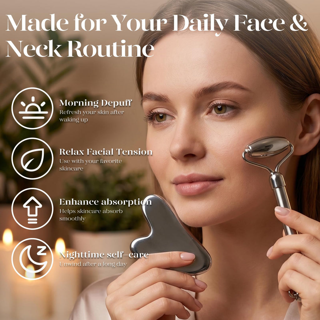 BAIMEI IcyMe Rose Quartz Roller & Gua Sha Set, Cooling Face Roller for Depuffing & Lymphatic Massage, Sculpting Tool for Face, Eyes & Neck, Smooth Skincare Gift for Women and Men
