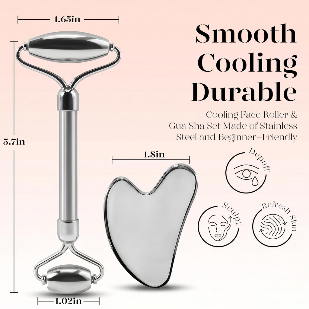 BAIMEI IcyMe Rose Quartz Roller & Gua Sha Set, Cooling Face Roller for Depuffing & Lymphatic Massage, Sculpting Tool for Face, Eyes & Neck, Smooth Skincare Gift for Women and Men