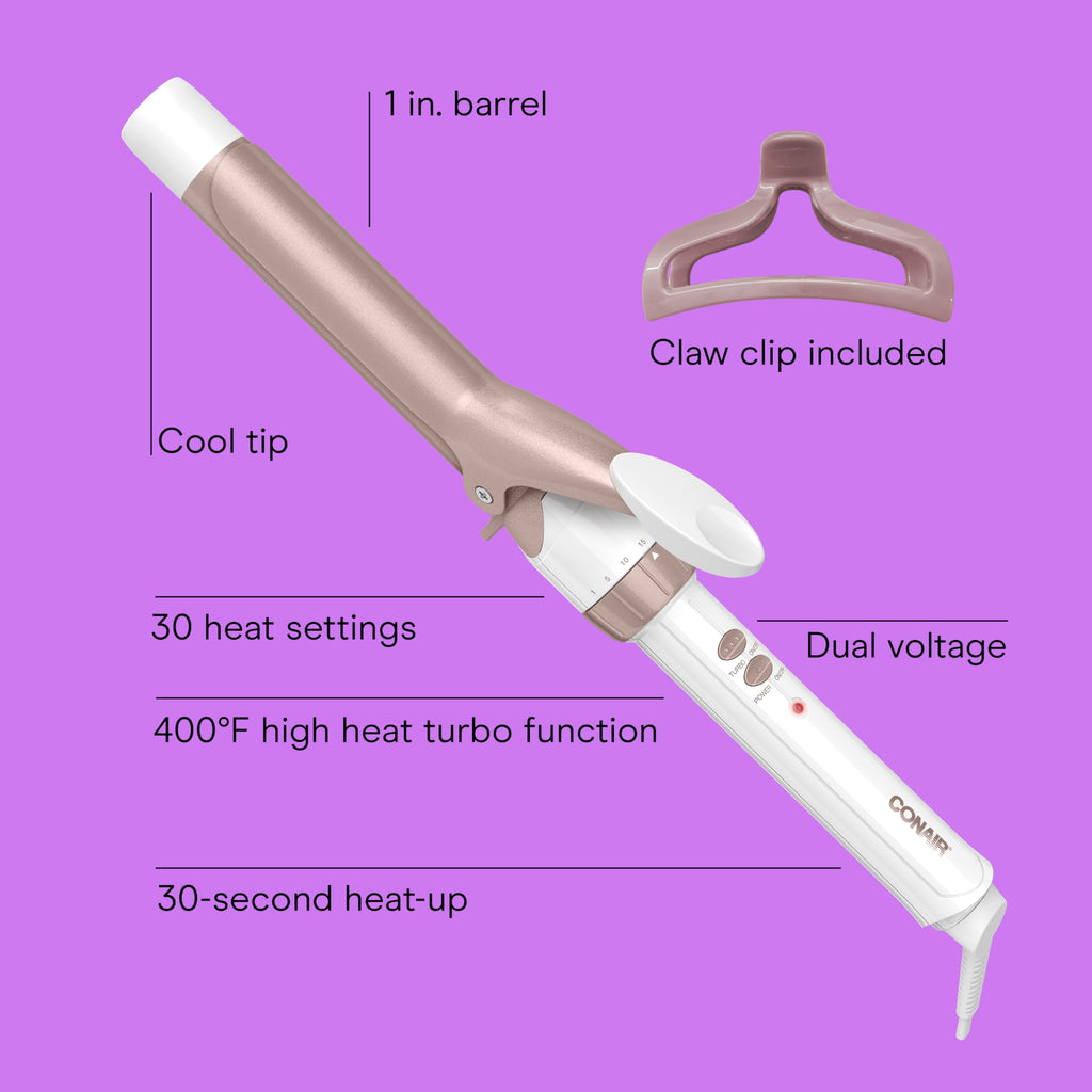 Conair Double Ceramic 1-Inch Curling Iron, 1-Inch Barrel Creates Classic Curls, Hair Curler for Use on Short, Medium, & Long Hair, White/Rose Gold