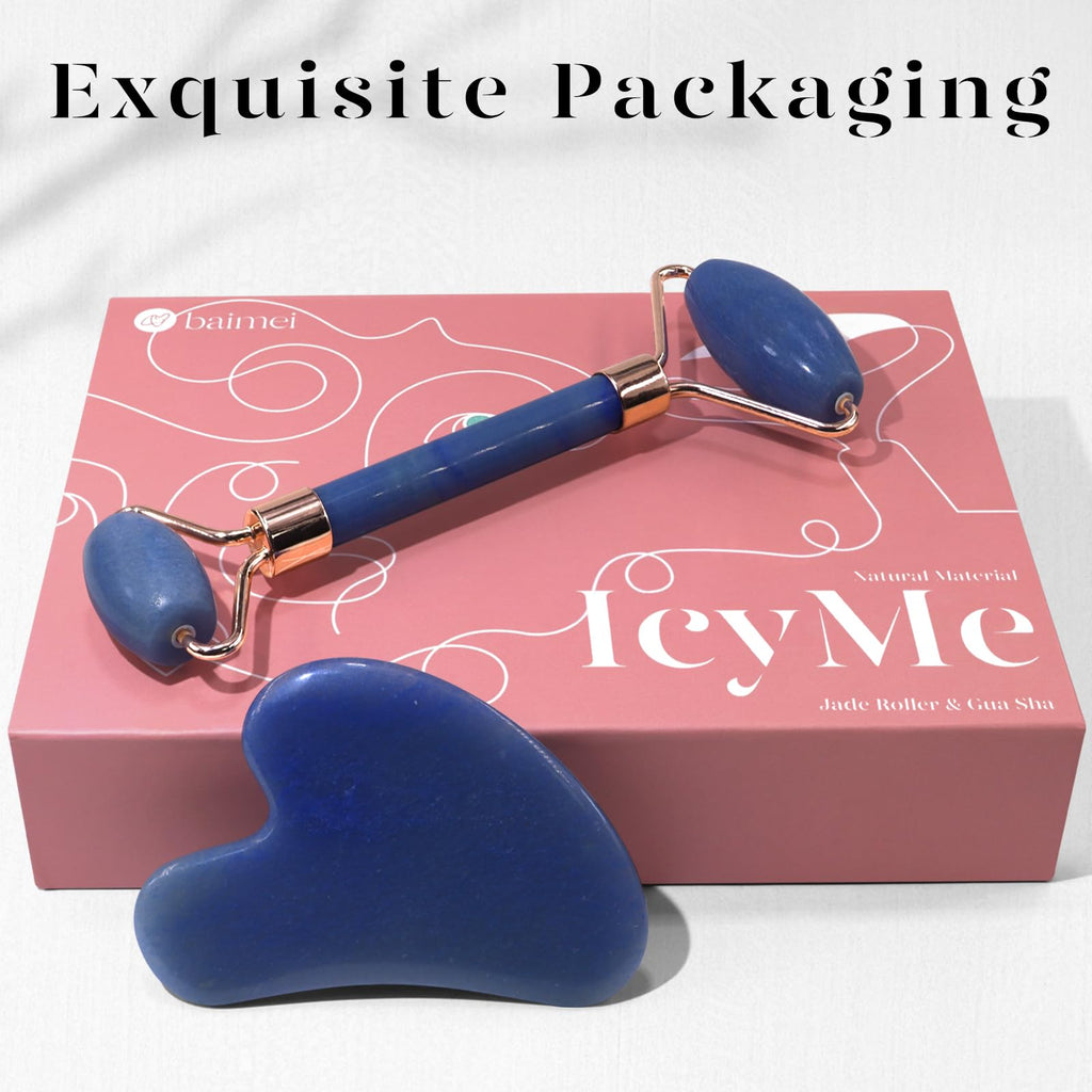 BAIMEI IcyMe Rose Quartz Roller & Gua Sha Set, Cooling Face Roller for Depuffing & Lymphatic Massage, Sculpting Tool for Face, Eyes & Neck, Smooth Skincare Gift for Women and Men