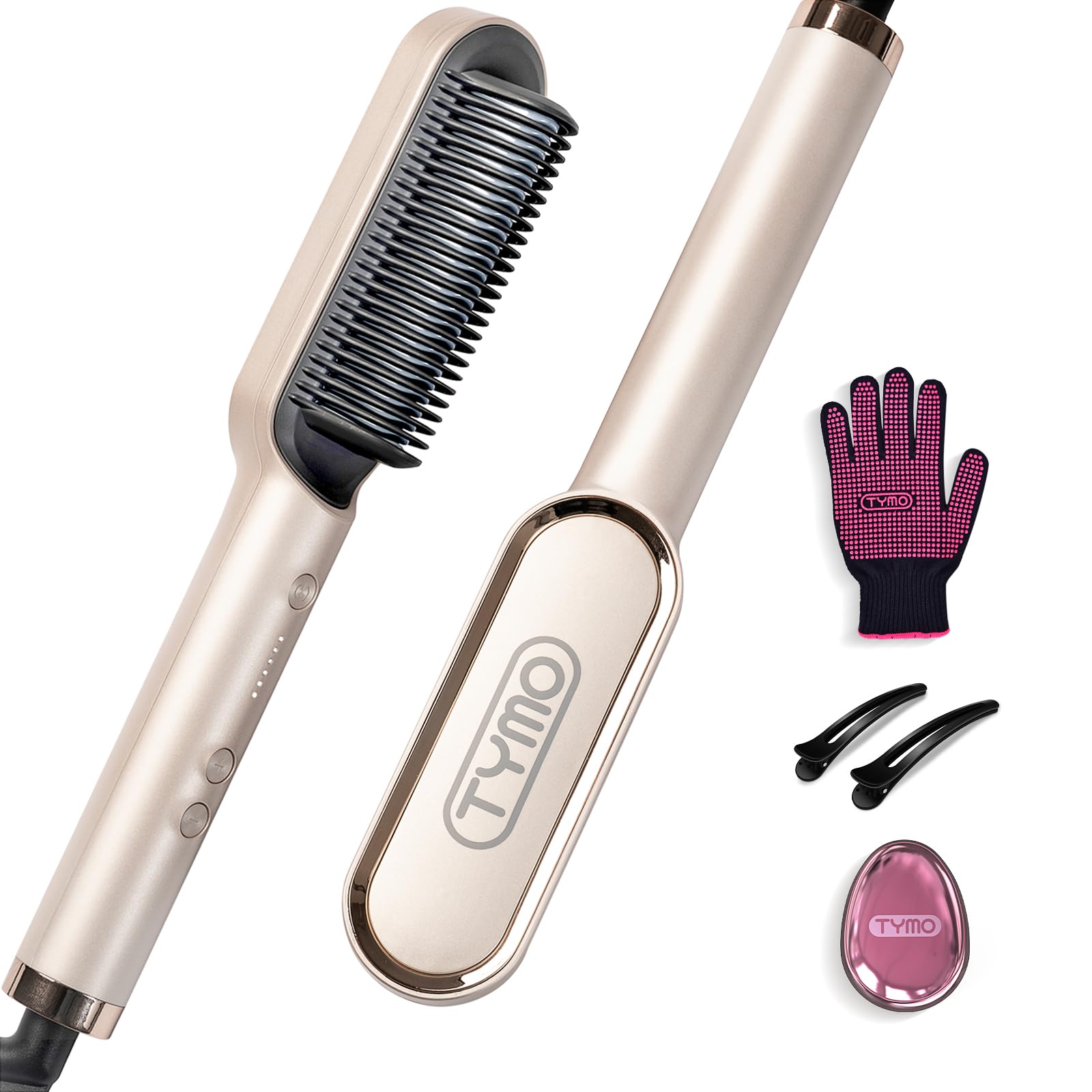 Hair Straightener Brush, TYMO Ring Hair Straightener Comb Straightening Brush for Women with 5 Temps 20s Fast Heating & Dual Voltage, Black