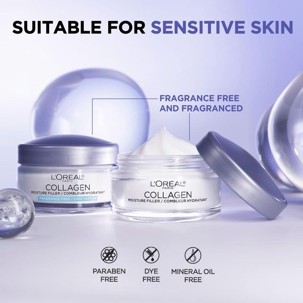 L'Oreal Paris Collagen Moisture Filler Face Cream, Anti-Aging Face Moisturizer, Non-Greasy Fragrance Free Skin Care Formula For Up to 48HR Hydration, 3.4 Oz