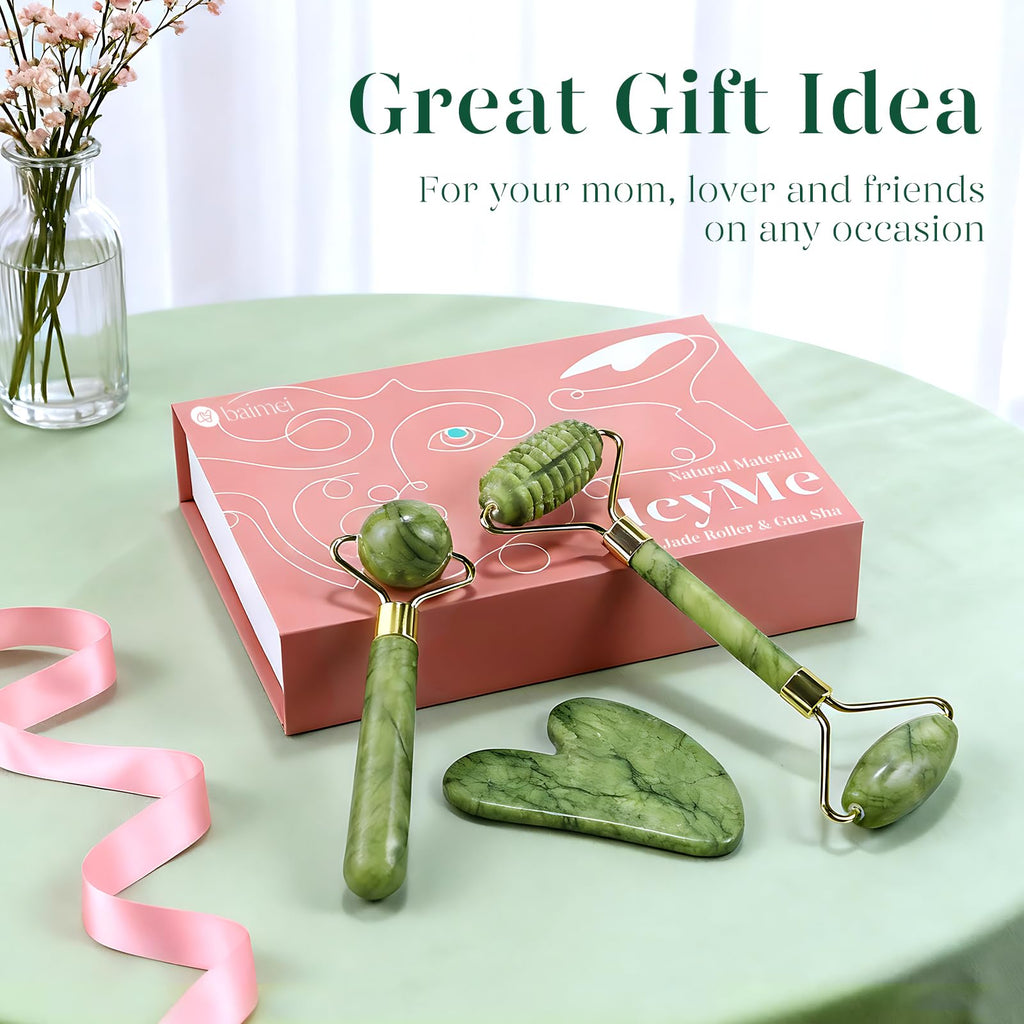 BAIMEI IcyMe Rose Quartz Roller & Gua Sha Set, Cooling Face Roller for Depuffing & Lymphatic Massage, Sculpting Tool for Face, Eyes & Neck, Smooth Skincare Gift for Women and Men