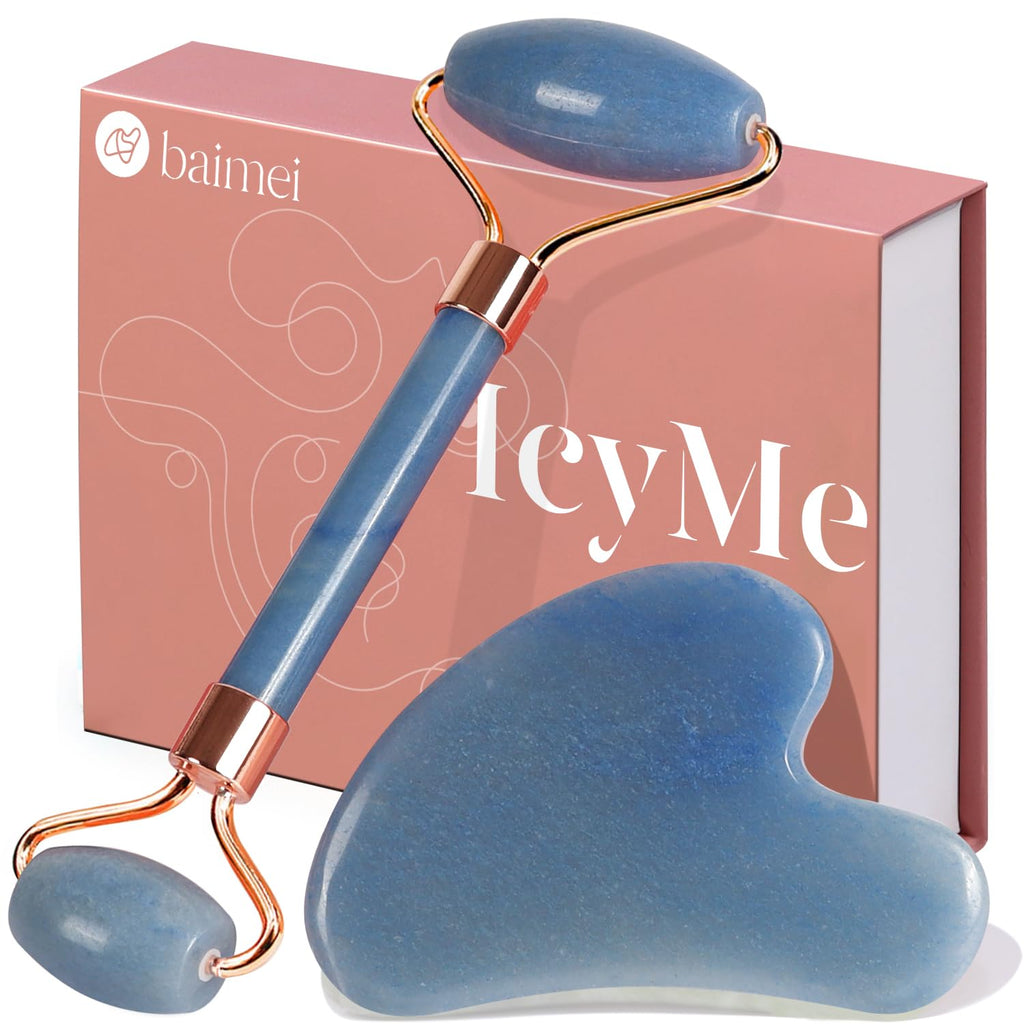 BAIMEI IcyMe Rose Quartz Roller & Gua Sha Set, Cooling Face Roller for Depuffing & Lymphatic Massage, Sculpting Tool for Face, Eyes & Neck, Smooth Skincare Gift for Women and Men