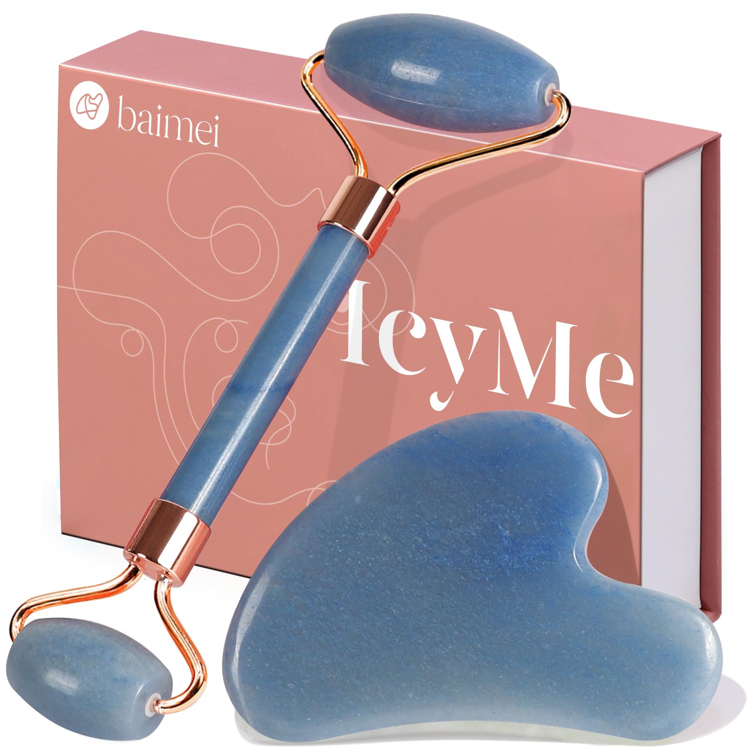 BAIMEI IcyMe Rose Quartz Roller & Gua Sha Set, Cooling Face Roller for Depuffing & Lymphatic Massage, Sculpting Tool for Face, Eyes & Neck, Smooth Skincare Gift for Women and Men