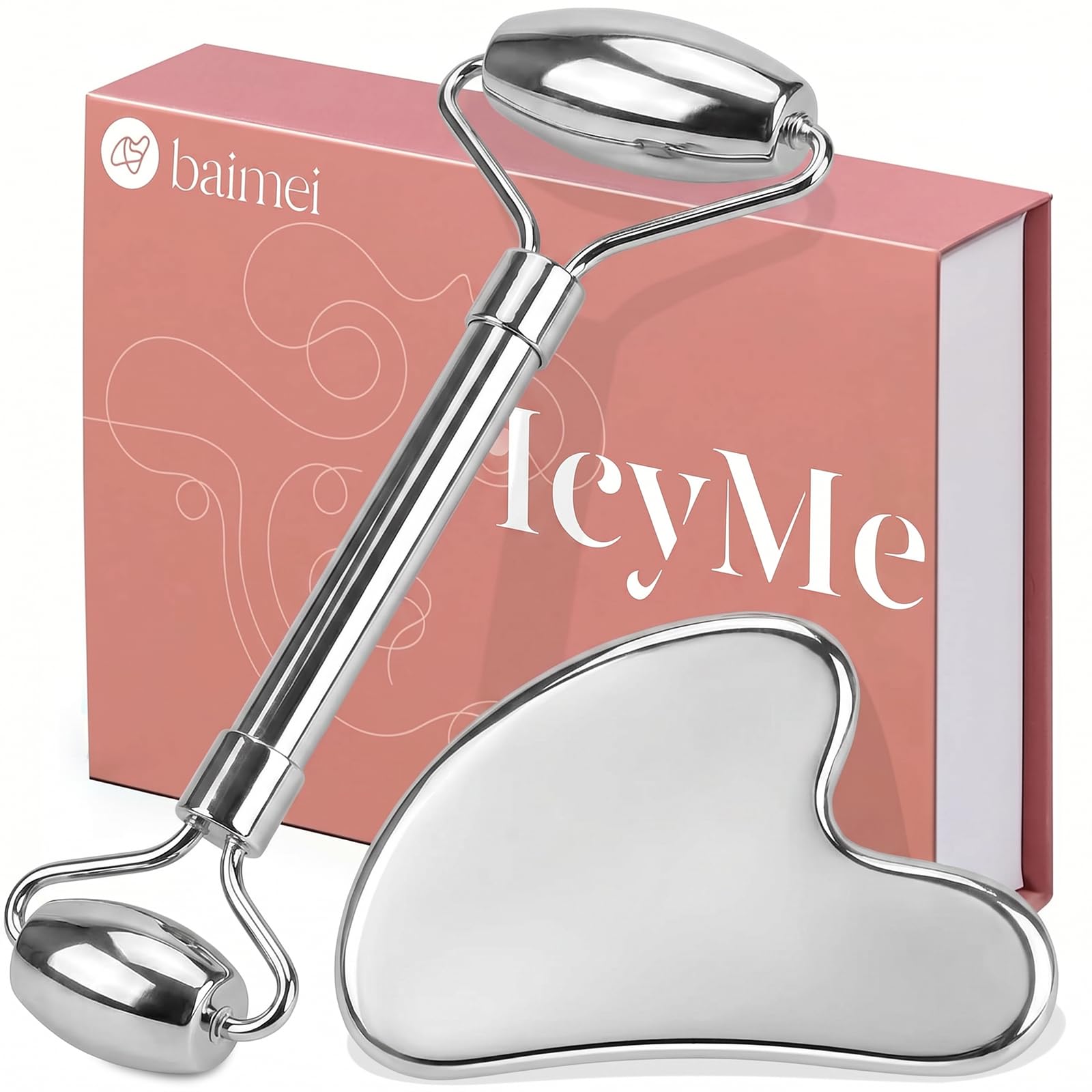 BAIMEI IcyMe Rose Quartz Roller & Gua Sha Set, Cooling Face Roller for Depuffing & Lymphatic Massage, Sculpting Tool for Face, Eyes & Neck, Smooth Skincare Gift for Women and Men