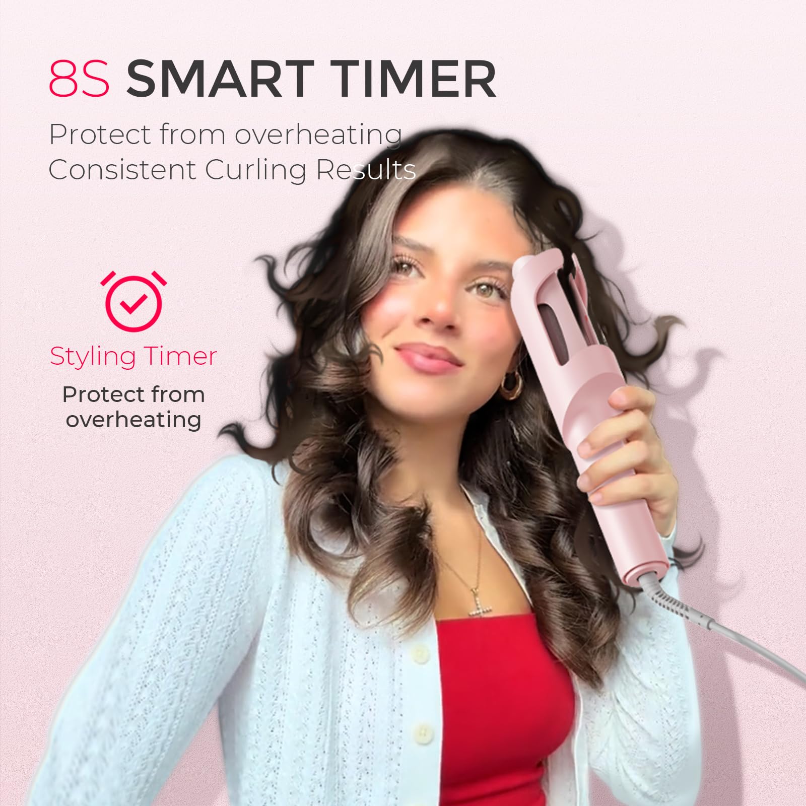 TYMO Automatic Rotating Curling Iron - TYMO CURLPRO Beach Waves Curling Wand, Portable Hair Curler, 500 Million Ionic, Dual Voltage & Lightweight for Travel, Ceramic Coating, 1 Inch, Pink