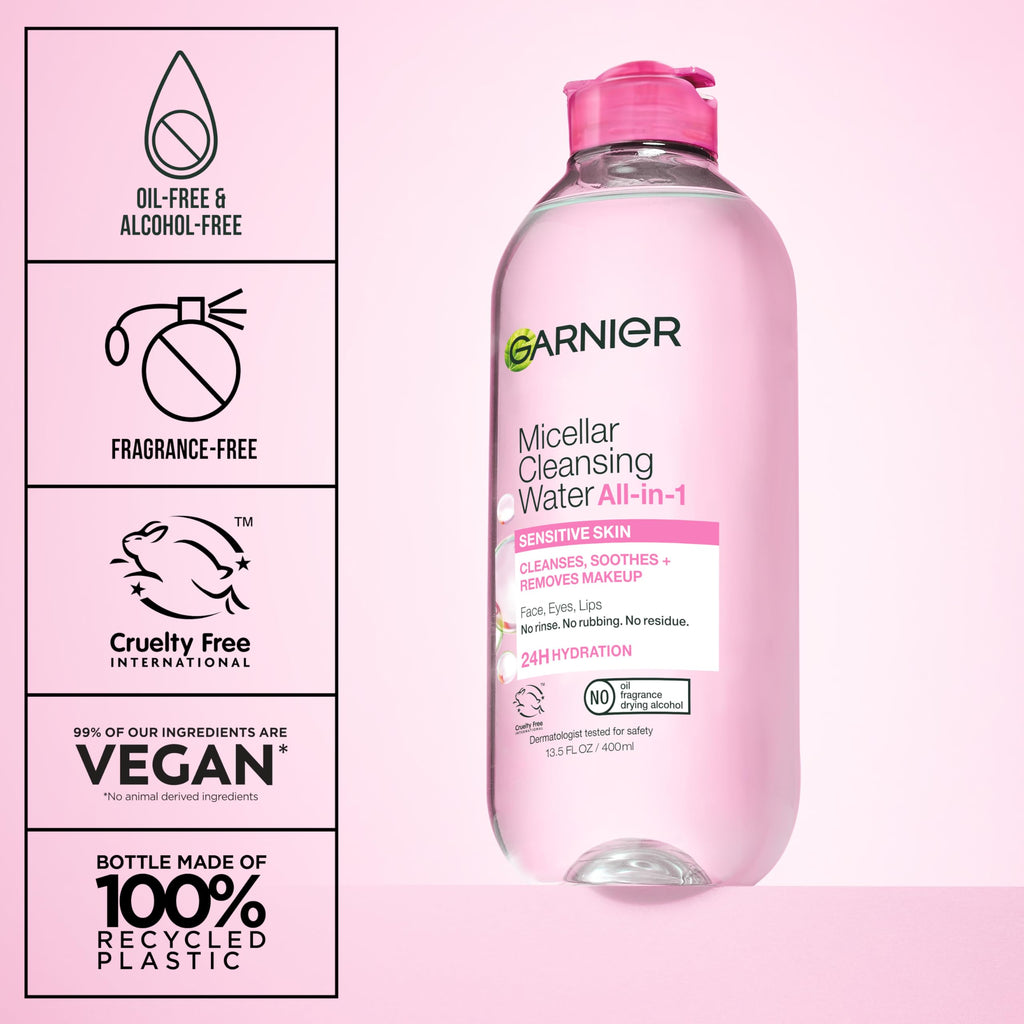 Garnier Micellar Cleansing Water, All-in-1 Makeup Remover and Facial Cleanser, For All Skin Types, 3.4 Fl Oz (100mL), 1 Count (Packaging May Vary)