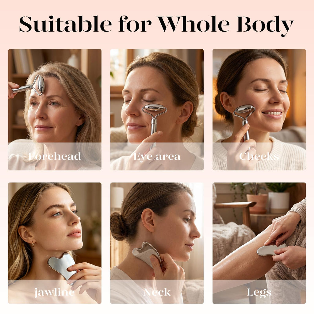 BAIMEI IcyMe Rose Quartz Roller & Gua Sha Set, Cooling Face Roller for Depuffing & Lymphatic Massage, Sculpting Tool for Face, Eyes & Neck, Smooth Skincare Gift for Women and Men
