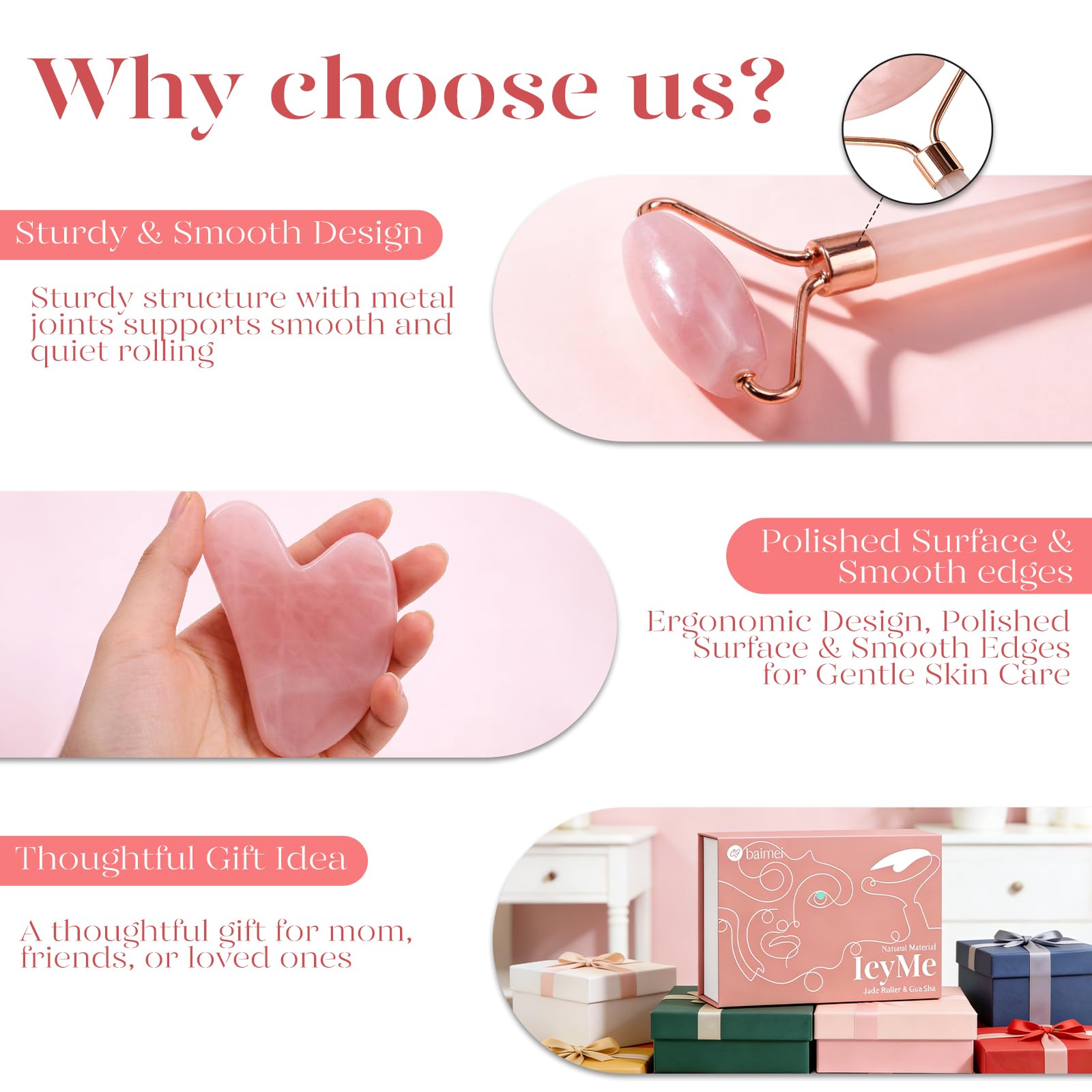 BAIMEI IcyMe Rose Quartz Roller & Gua Sha Set, Cooling Face Roller for Depuffing & Lymphatic Massage, Sculpting Tool for Face, Eyes & Neck, Smooth Skincare Gift for Women and Men