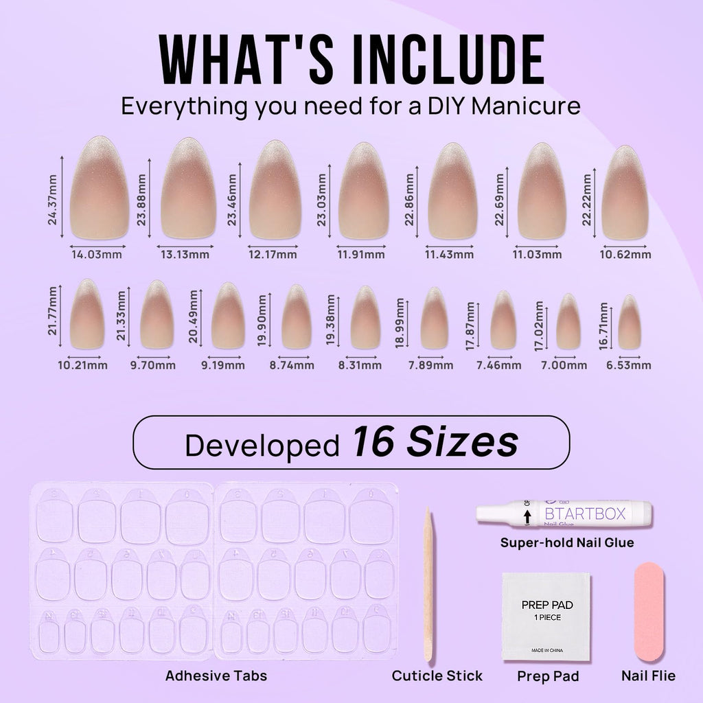 BTArtbox Square Ombre Press On Nails -Soft Gel Press On Nails Short with Nail Glue, 16 Sizes - 32 Reusable Fake Nails Kit, Vanilla Cream