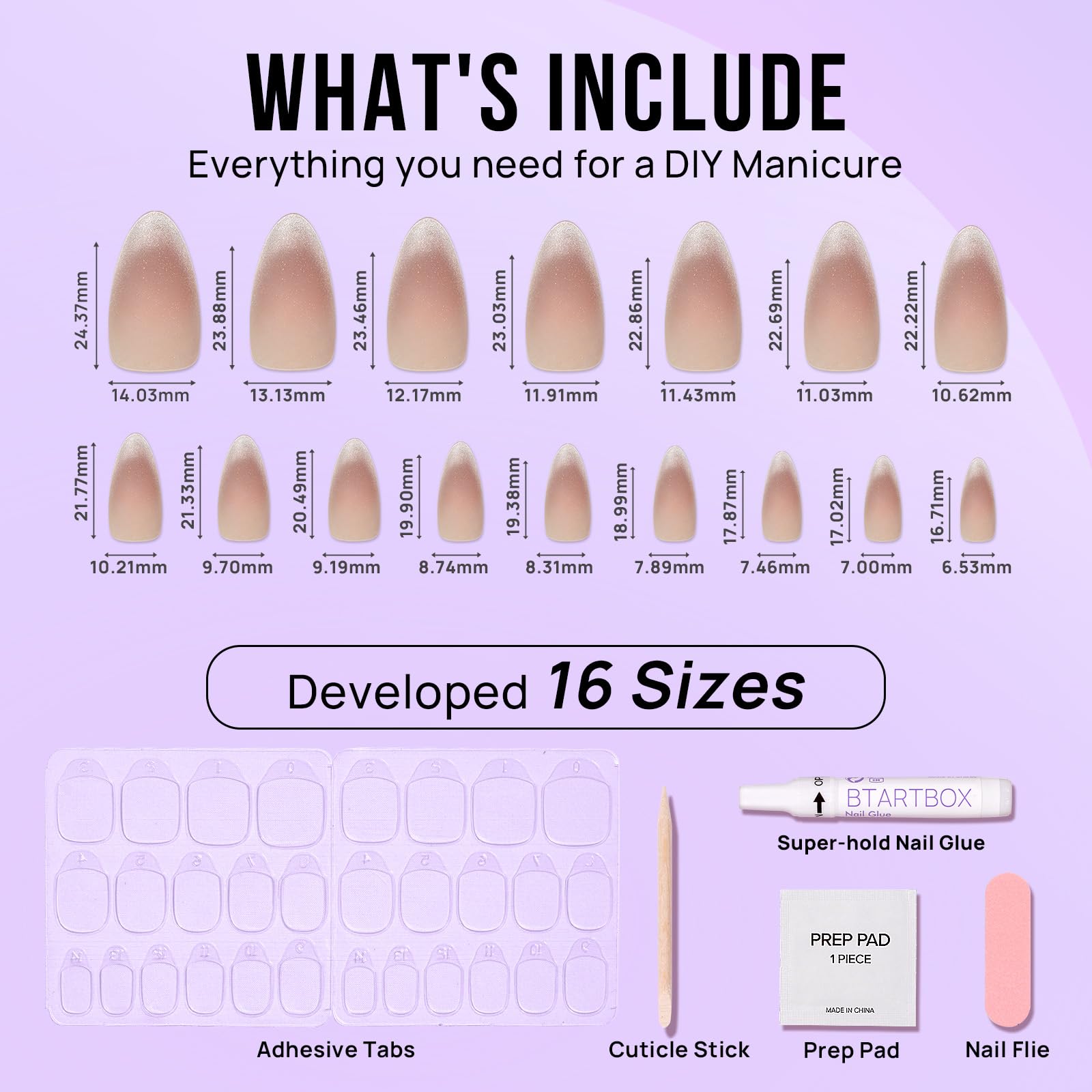 BTArtbox Square Ombre Press On Nails -Soft Gel Press On Nails Short with Nail Glue, 16 Sizes - 32 Reusable Fake Nails Kit, Vanilla Cream