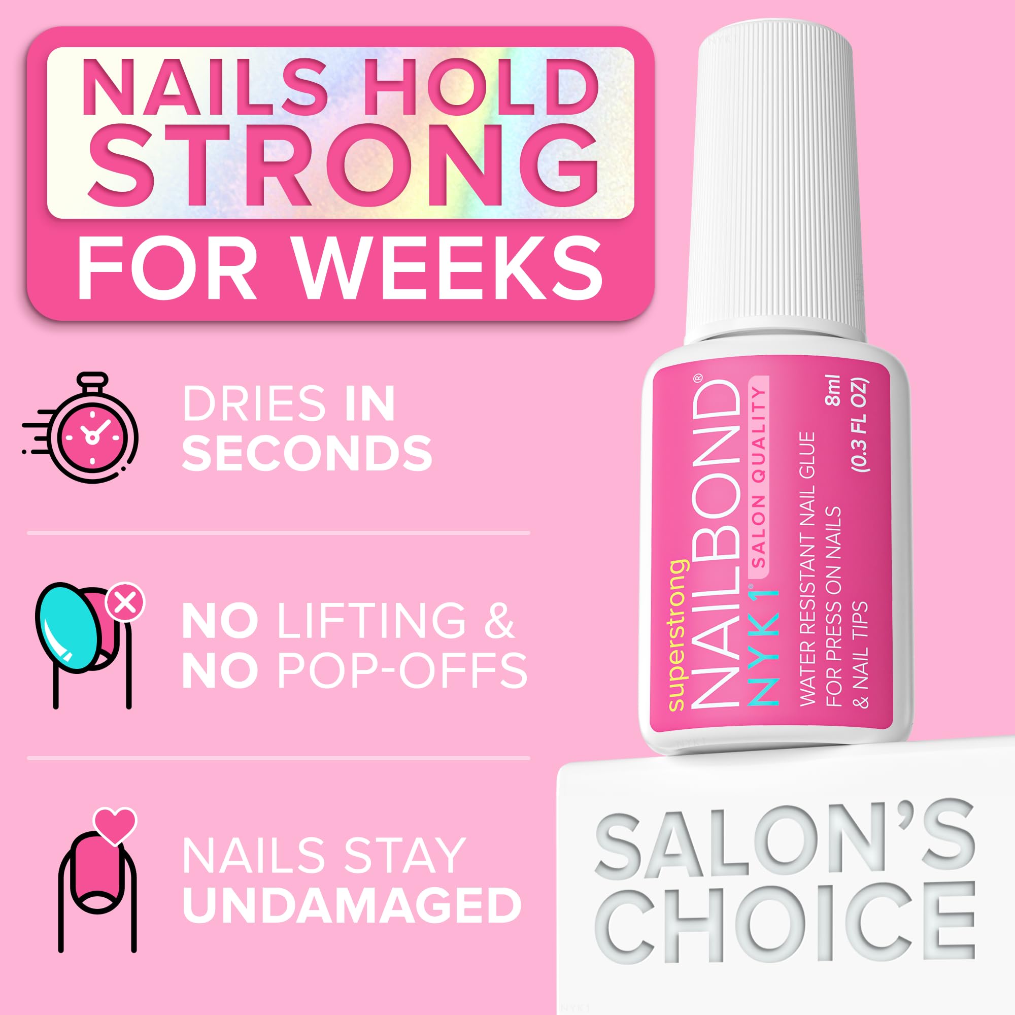 Super Strong Nail Glue for Press On Nails, Nail Tips & Acrylic Nails (8ml) NYK1 NailBond Brush On Glue for Press Ons, Tips & Acrylics - Long Lasting, Maximum Strength, Mess-Free Application