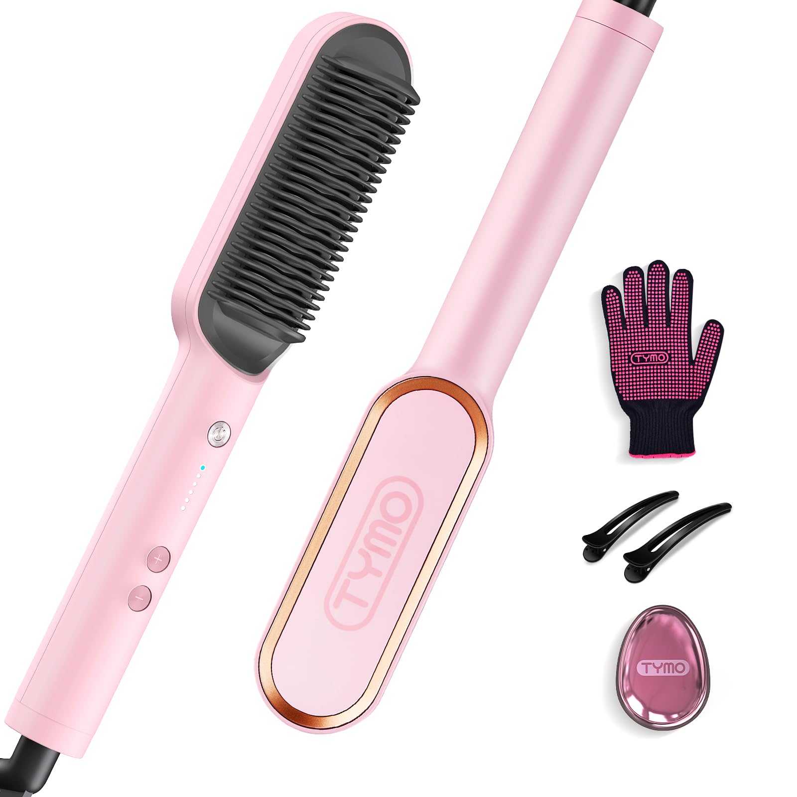 Hair Straightener Brush, TYMO Ring Hair Straightener Comb Straightening Brush for Women with 5 Temps 20s Fast Heating & Dual Voltage, Black