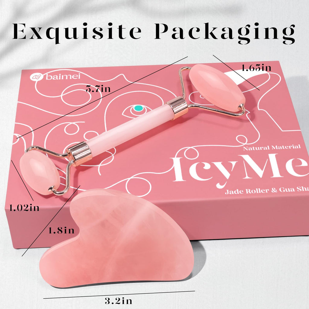 BAIMEI IcyMe Rose Quartz Roller & Gua Sha Set, Cooling Face Roller for Depuffing & Lymphatic Massage, Sculpting Tool for Face, Eyes & Neck, Smooth Skincare Gift for Women and Men