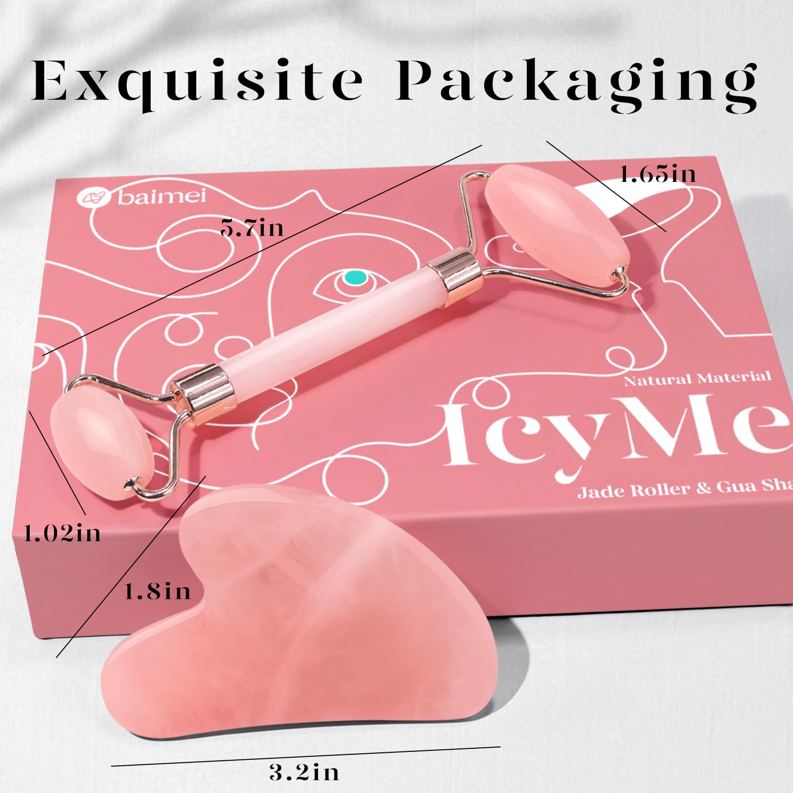 BAIMEI IcyMe Rose Quartz Roller & Gua Sha Set, Cooling Face Roller for Depuffing & Lymphatic Massage, Sculpting Tool for Face, Eyes & Neck, Smooth Skincare Gift for Women and Men