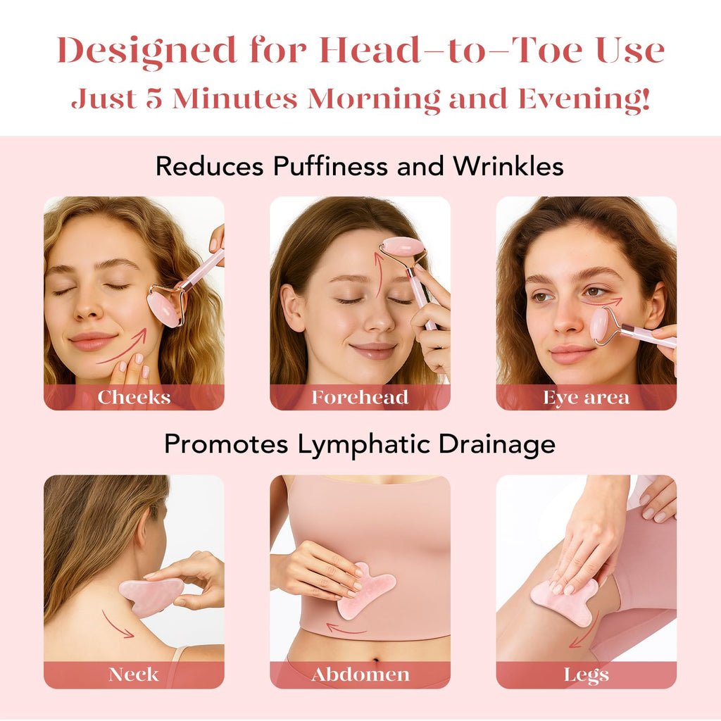 BAIMEI IcyMe Rose Quartz Roller & Gua Sha Set, Cooling Face Roller for Depuffing & Lymphatic Massage, Sculpting Tool for Face, Eyes & Neck, Smooth Skincare Gift for Women and Men