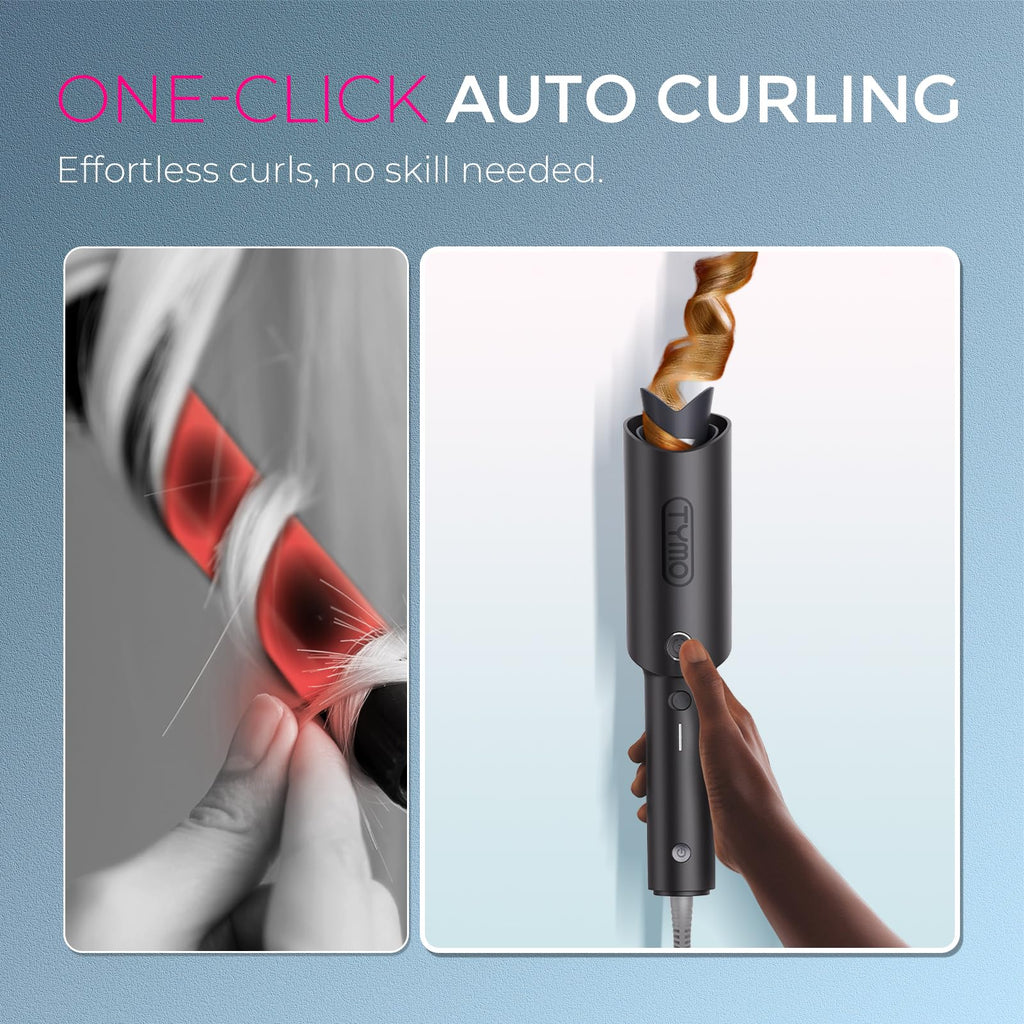 TYMO Automatic Rotating Curling Iron - TYMO CURLPRO Beach Waves Curling Wand, Portable Hair Curler, 500 Million Ionic, Dual Voltage & Lightweight for Travel, Ceramic Coating, 1 Inch, Pink