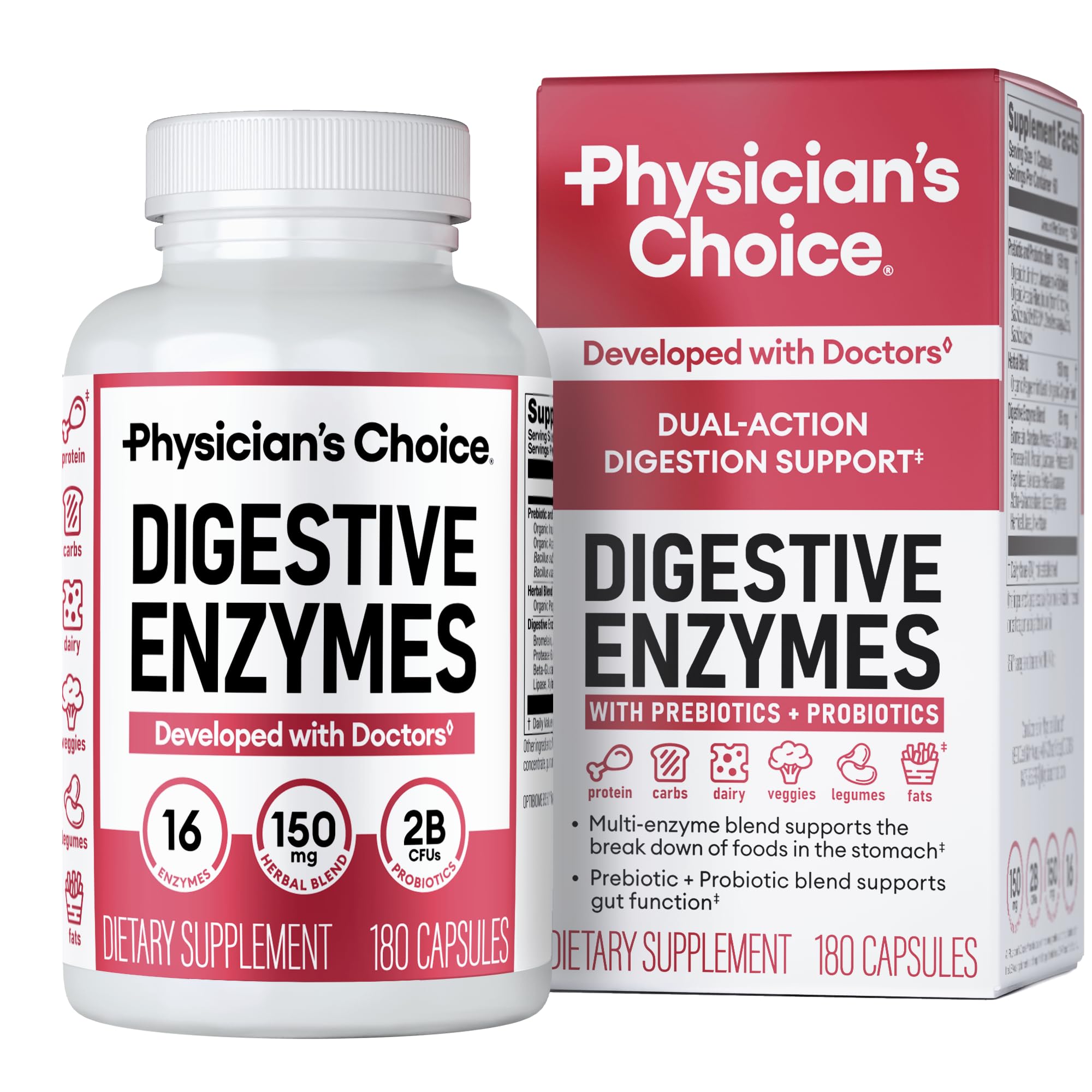 Physician's CHOICE Digestive Enzymes for Bloating & Digestion - Fast-Acting 16 Enzyme Formula with Organic Prebiotics & Probiotics for Gut & Digestive Health - Meal Time Discomfort Relief - 60 CT