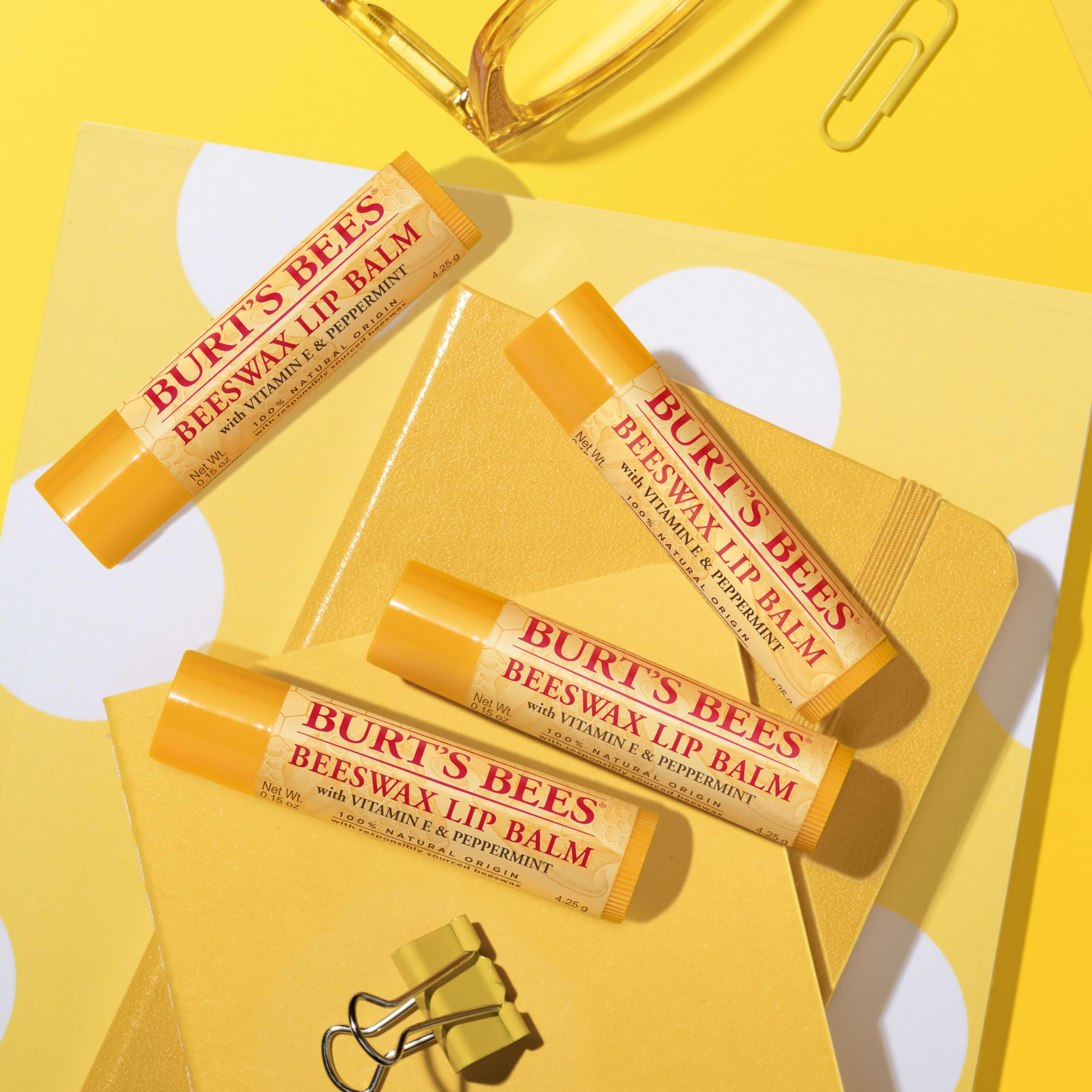 Burt's Bees Lip Balm, Beeswax, Strawberry, Coconut and Pear, and Vanilla Bean Pack, With Responsibly Sourced Beeswax, Tint-Free, Natural Lip Treatment, 4 Tubes, 0.15 oz.