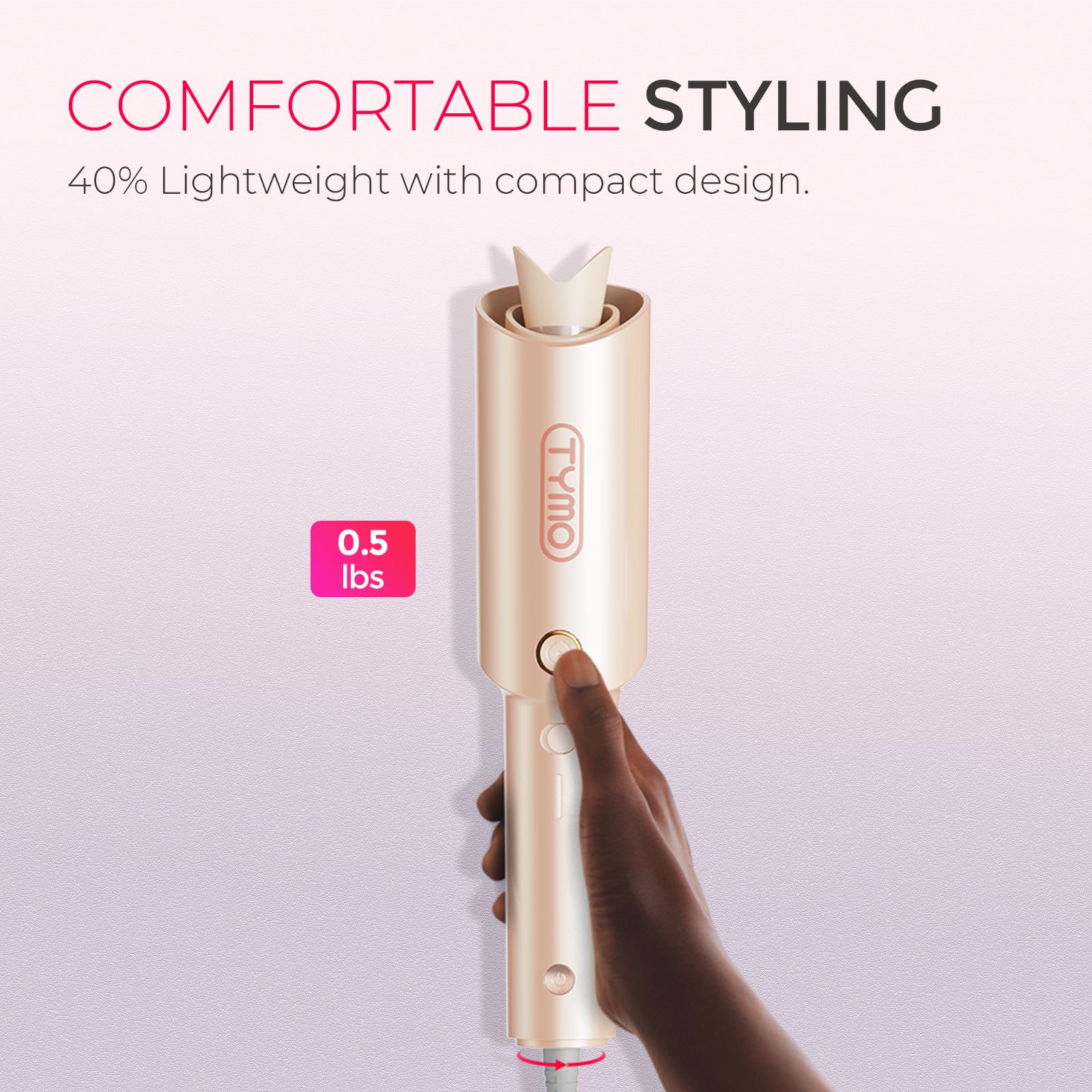 TYMO Automatic Rotating Curling Iron - TYMO CURLPRO Beach Waves Curling Wand, Portable Hair Curler, 500 Million Ionic, Dual Voltage & Lightweight for Travel, Ceramic Coating, 1 Inch, Pink