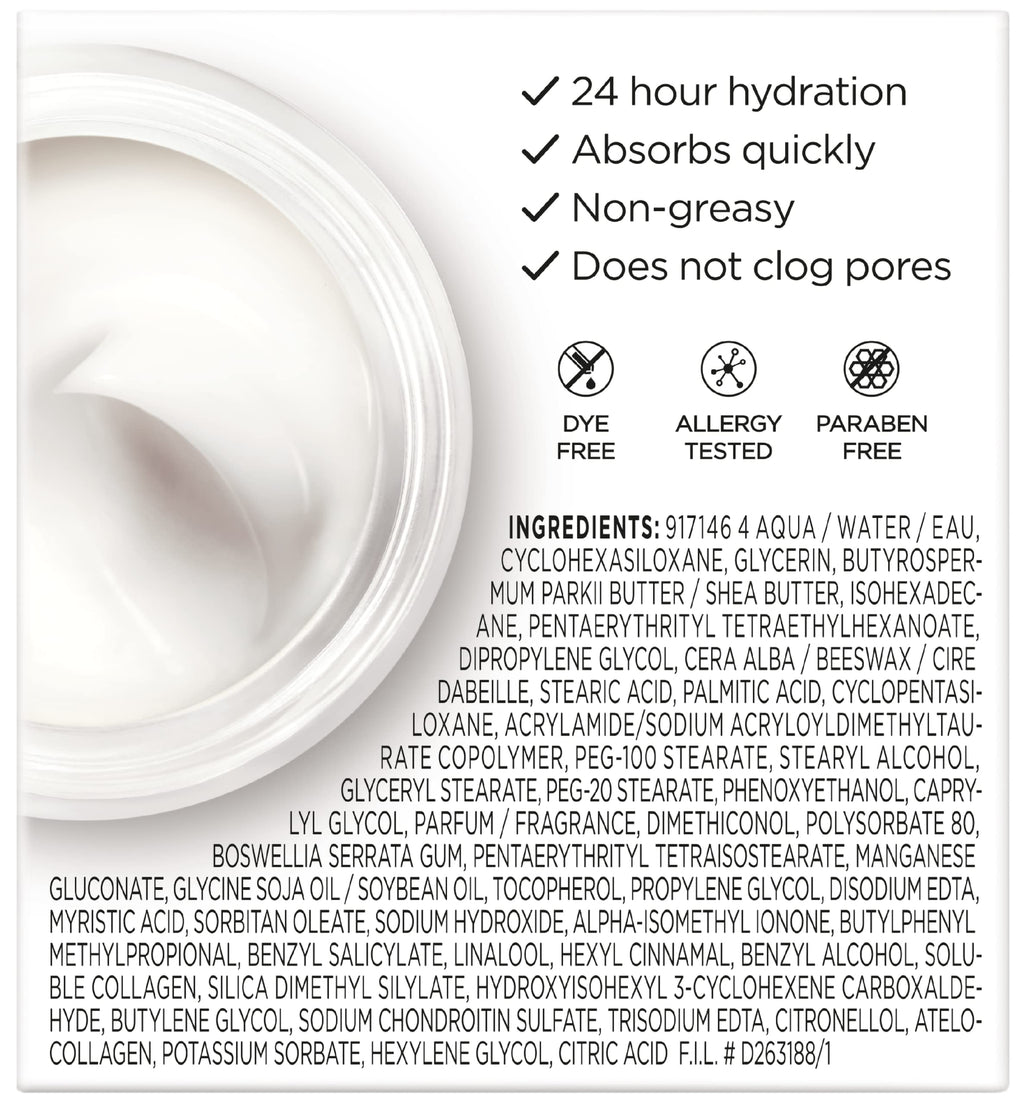 L'Oreal Paris Collagen Moisture Filler Face Cream, Anti-Aging Face Moisturizer, Non-Greasy Fragrance Free Skin Care Formula For Up to 48HR Hydration, 3.4 Oz
