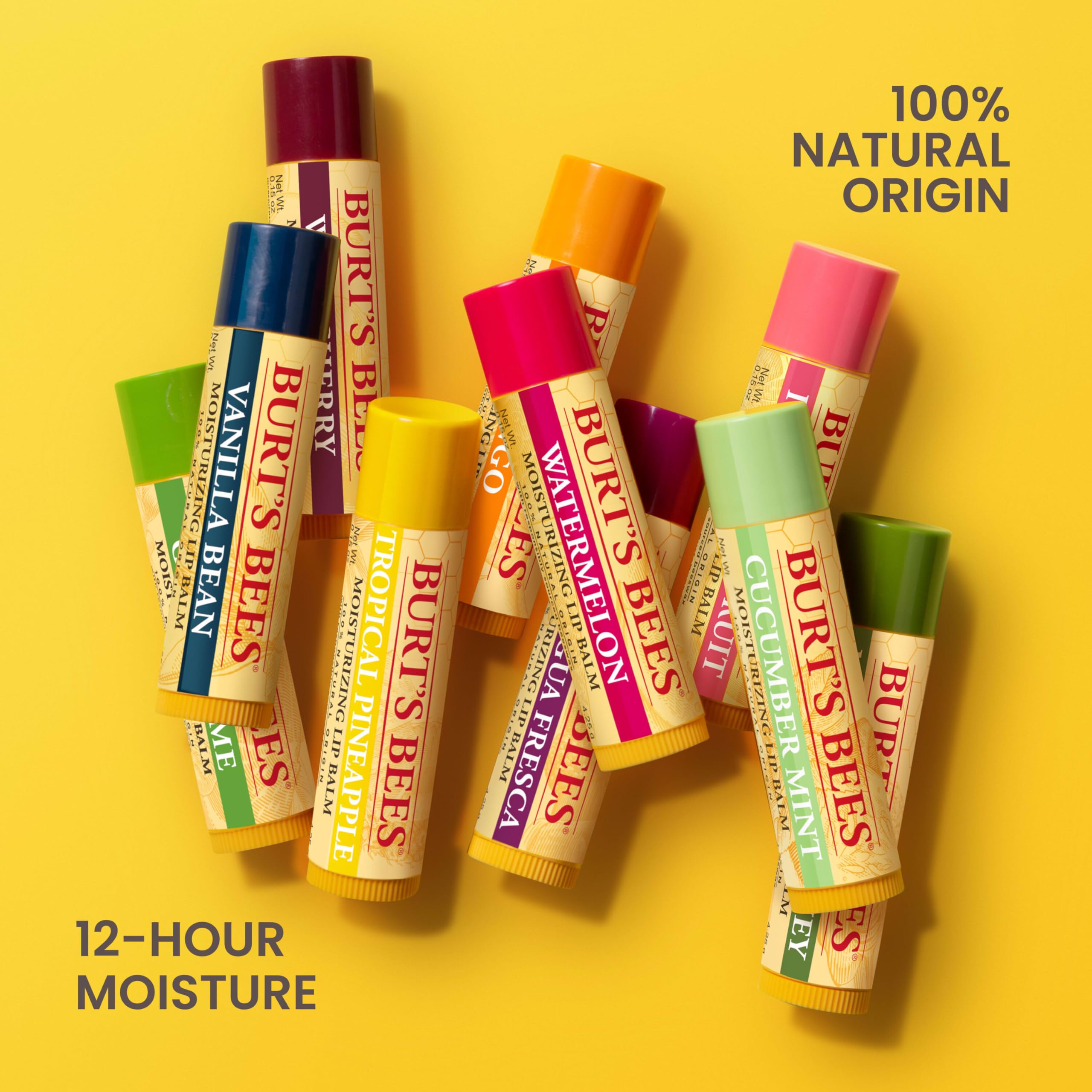 Burt's Bees Lip Balm, Beeswax, Strawberry, Coconut and Pear, and Vanilla Bean Pack, With Responsibly Sourced Beeswax, Tint-Free, Natural Lip Treatment, 4 Tubes, 0.15 oz.