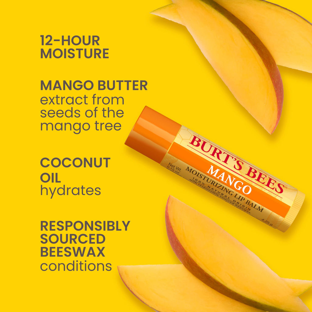 Burt's Bees Lip Balm, Beeswax, Strawberry, Coconut and Pear, and Vanilla Bean Pack, With Responsibly Sourced Beeswax, Tint-Free, Natural Lip Treatment, 4 Tubes, 0.15 oz.