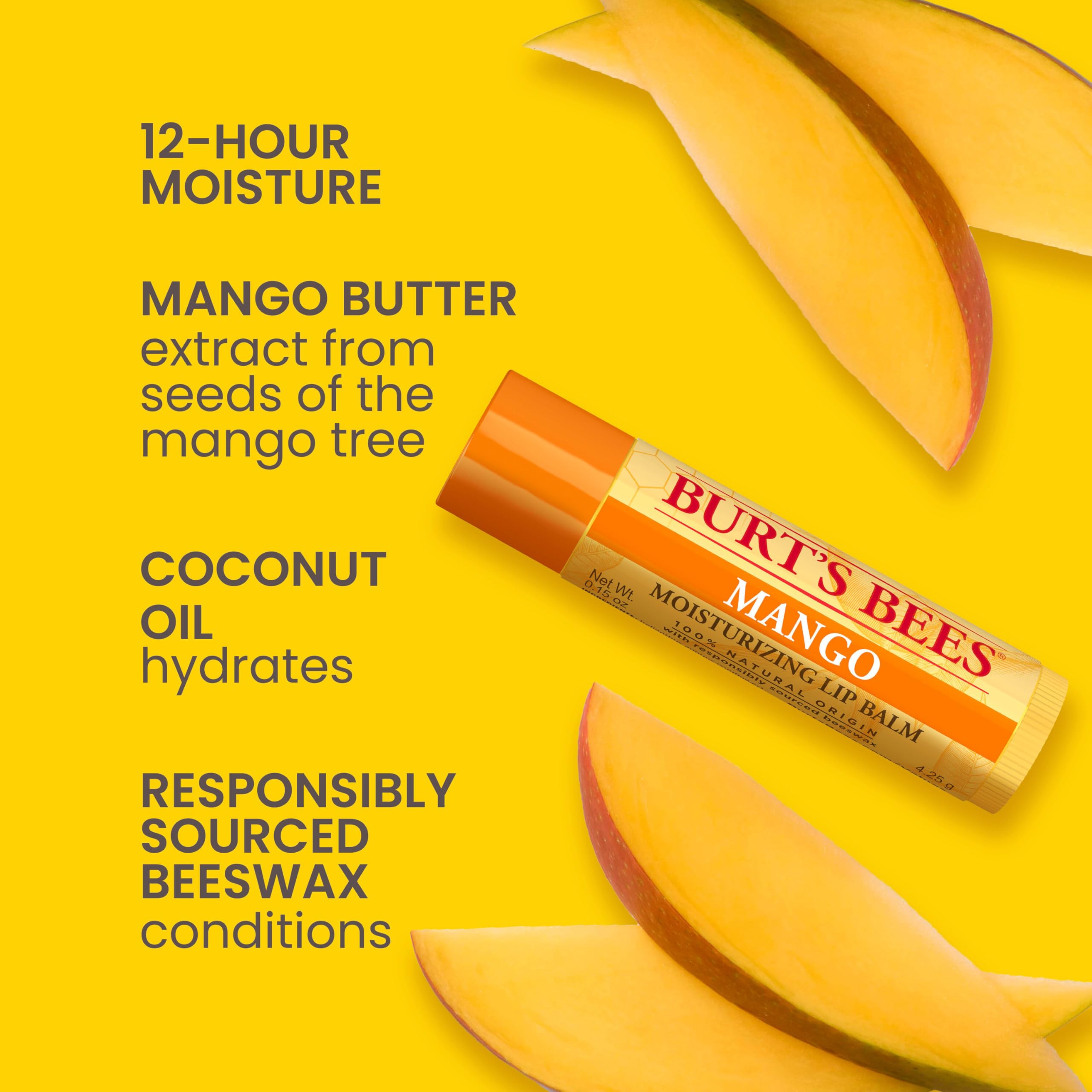 Burt's Bees Lip Balm, Beeswax, Strawberry, Coconut and Pear, and Vanilla Bean Pack, With Responsibly Sourced Beeswax, Tint-Free, Natural Lip Treatment, 4 Tubes, 0.15 oz.