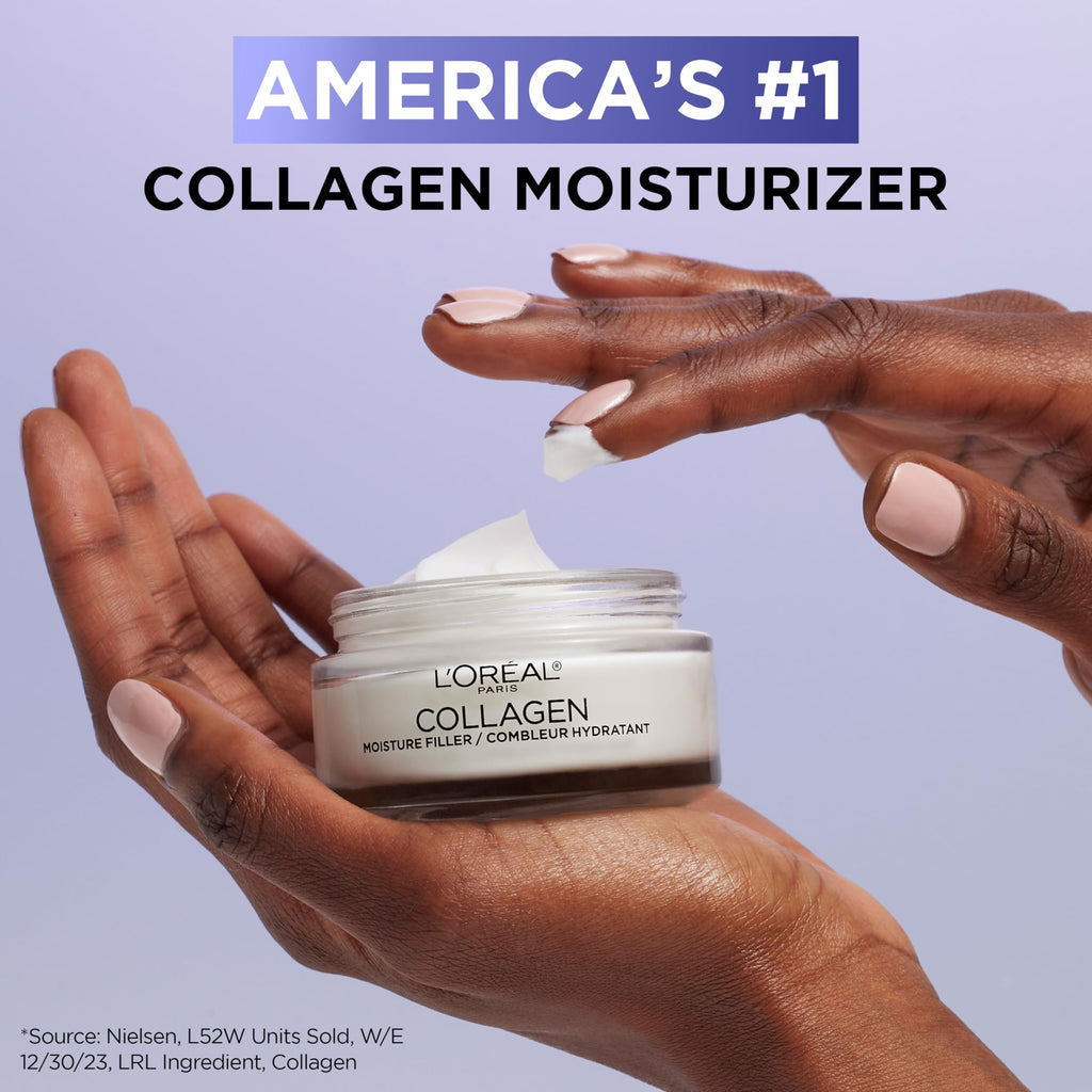 L'Oreal Paris Collagen Moisture Filler Face Cream, Anti-Aging Face Moisturizer, Non-Greasy Fragrance Free Skin Care Formula For Up to 48HR Hydration, 3.4 Oz