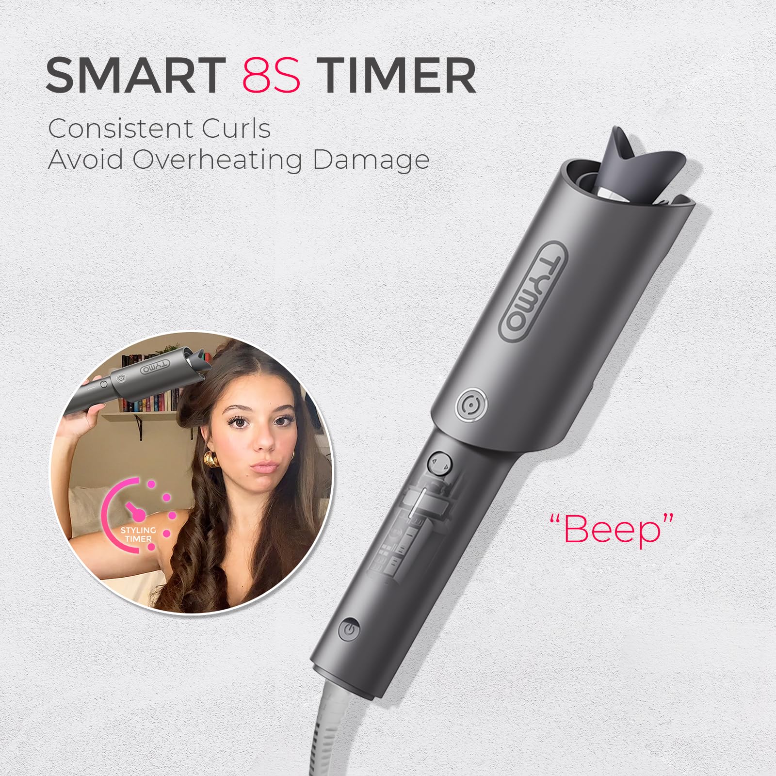 TYMO Automatic Rotating Curling Iron - TYMO CURLPRO Beach Waves Curling Wand, Portable Hair Curler, 500 Million Ionic, Dual Voltage & Lightweight for Travel, Ceramic Coating, 1 Inch, Pink