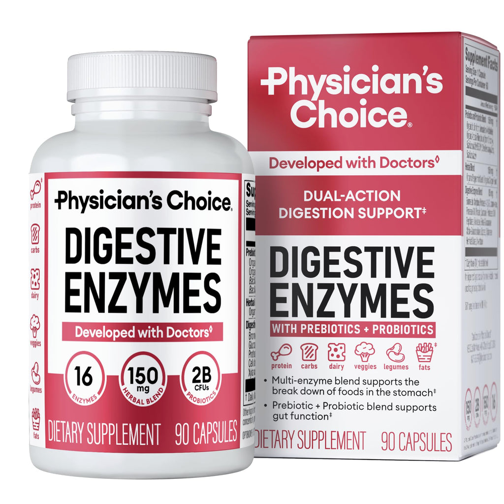 Physician's CHOICE Digestive Enzymes for Bloating & Digestion - Fast-Acting 16 Enzyme Formula with Organic Prebiotics & Probiotics for Gut & Digestive Health - Meal Time Discomfort Relief - 60 CT