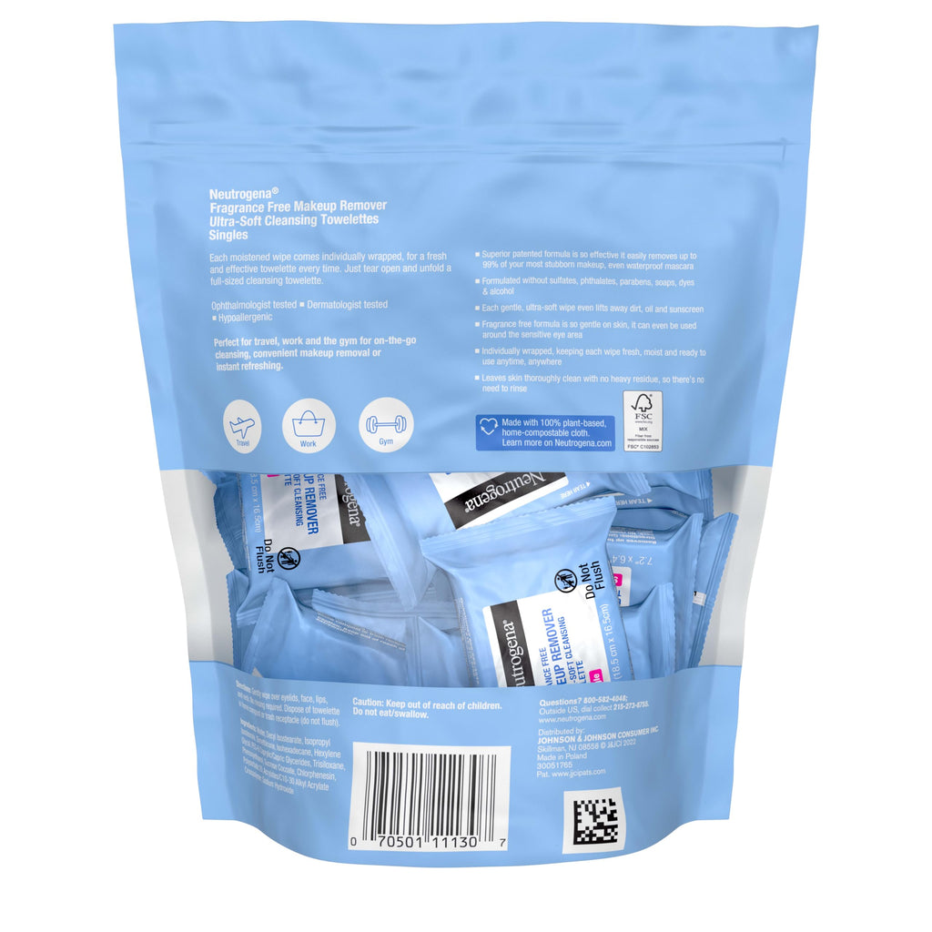 Neutrogena Makeup Remover Wipes, Daily Single Face Cleansing Towelettes, Makeup Removing Cleansing Wipes Removes Dirt & Oil, Alcohol-Free Face Towelettes, 20 ct