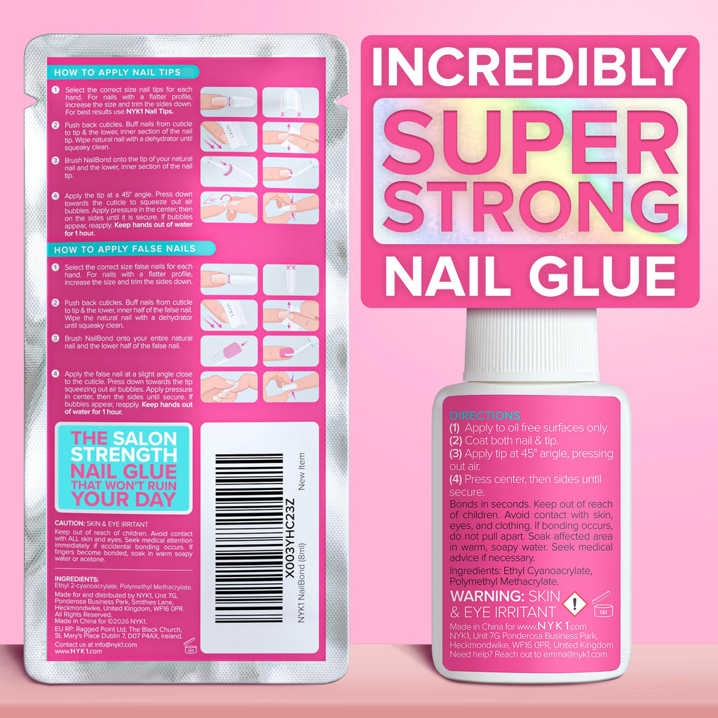 Super Strong Nail Glue for Press On Nails, Nail Tips & Acrylic Nails (8ml) NYK1 NailBond Brush On Glue for Press Ons, Tips & Acrylics - Long Lasting, Maximum Strength, Mess-Free Application
