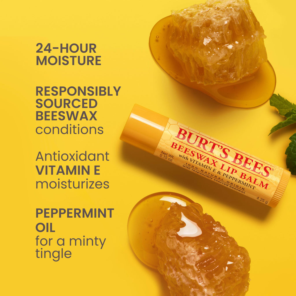 Burt's Bees Lip Balm, Beeswax, Strawberry, Coconut and Pear, and Vanilla Bean Pack, With Responsibly Sourced Beeswax, Tint-Free, Natural Lip Treatment, 4 Tubes, 0.15 oz.