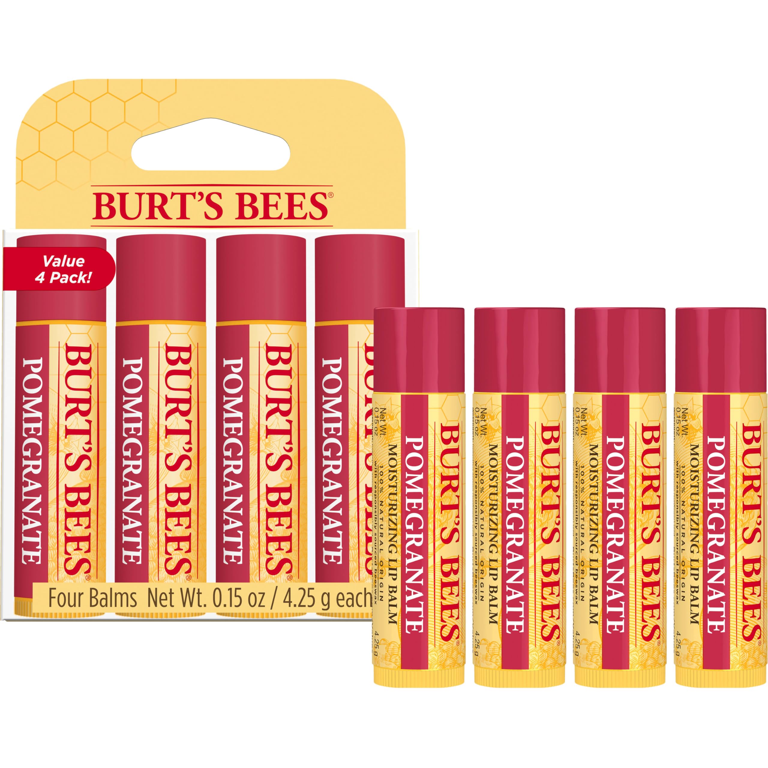 Burt's Bees Lip Balm, Beeswax, Strawberry, Coconut and Pear, and Vanilla Bean Pack, With Responsibly Sourced Beeswax, Tint-Free, Natural Lip Treatment, 4 Tubes, 0.15 oz.