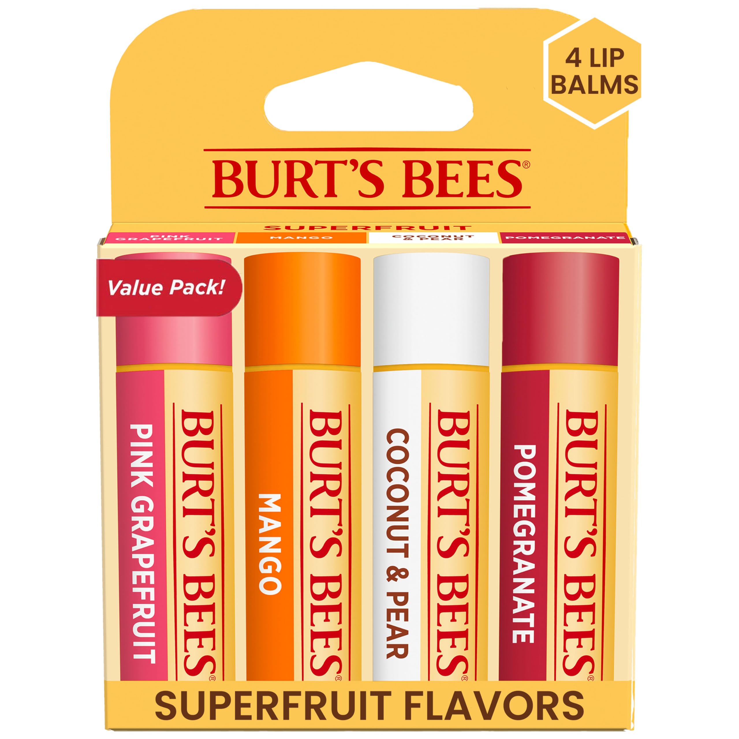 Burt's Bees Lip Balm, Beeswax, Strawberry, Coconut and Pear, and Vanilla Bean Pack, With Responsibly Sourced Beeswax, Tint-Free, Natural Lip Treatment, 4 Tubes, 0.15 oz.