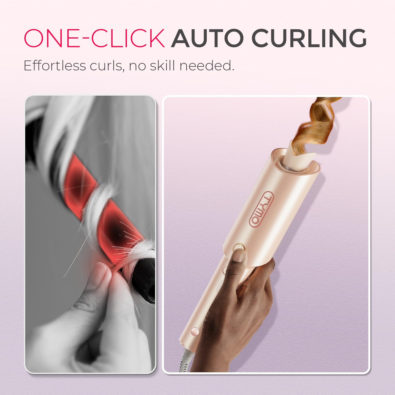 TYMO Automatic Rotating Curling Iron - TYMO CURLPRO Beach Waves Curling Wand, Portable Hair Curler, 500 Million Ionic, Dual Voltage & Lightweight for Travel, Ceramic Coating, 1 Inch, Pink