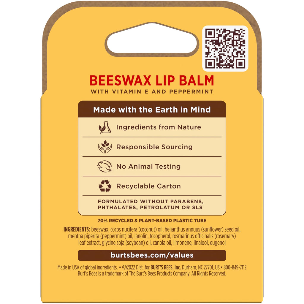 Burt's Bees Lip Balm, Beeswax, Strawberry, Coconut and Pear, and Vanilla Bean Pack, With Responsibly Sourced Beeswax, Tint-Free, Natural Lip Treatment, 4 Tubes, 0.15 oz.